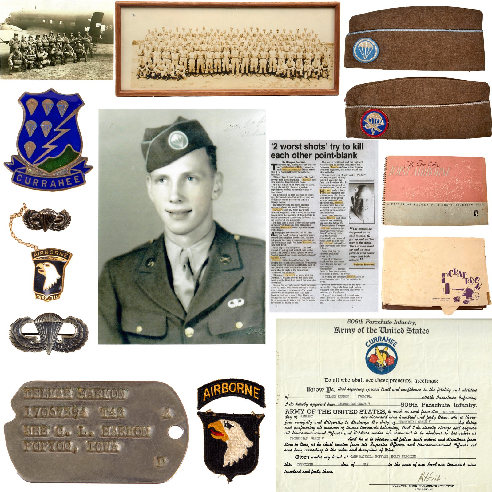 Original U.S. WWII D-Day Jump WIA 101st Airborne 506th Parachute Infantry Regiment Dog Tag & Framed Signed Yardlong Grouping with Garrison Caps & Currahee DI - T/5 Delmar Harmon