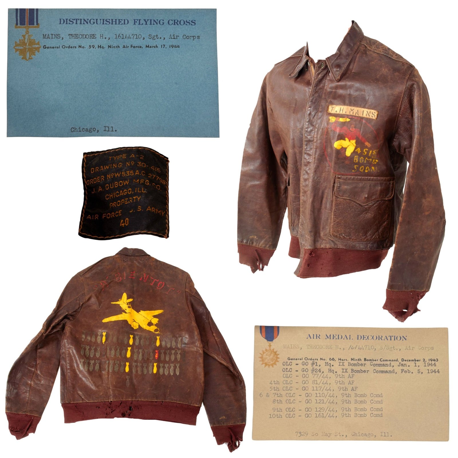 Buy Original U.S. WWII B-26 “A Bientot” Distinguished Flying Cross Recipient Gunner S/Sgt Theodor H. Mains’ Painted A2 Flight Jacket - 65 Combat Missions - 451st Bomb Squadron, 322nd Bomb Group | Original Firearms Antique For Sale