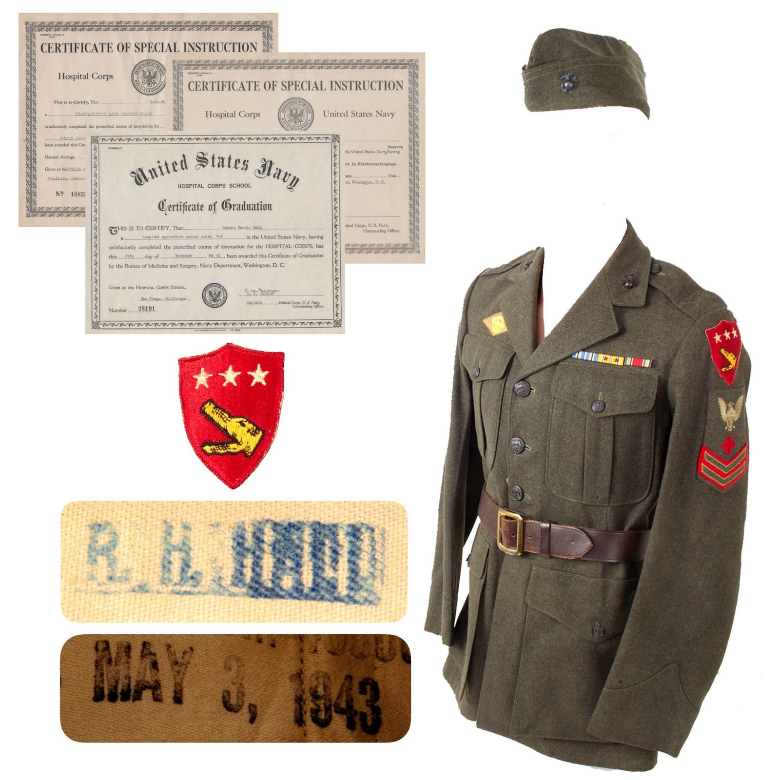 Original U.S. WWII Named USMC V Amphibious Corps Corpsman Uniform with Hospital Corps Certificates - Pharmacist’s Mate 2nd Class Robert Harold Hall