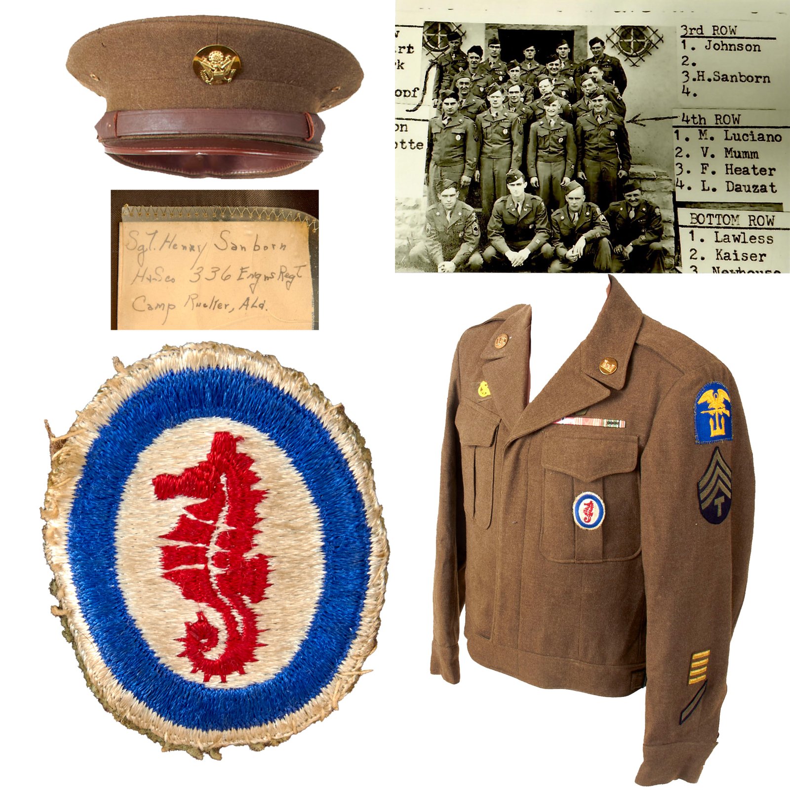 Original U.S. WWII ESB Named 336th Engineer Combat Battalion Uniform Jacket & Visor Cap - Sgt. Henry Sanborn - Bronze Star Recipient