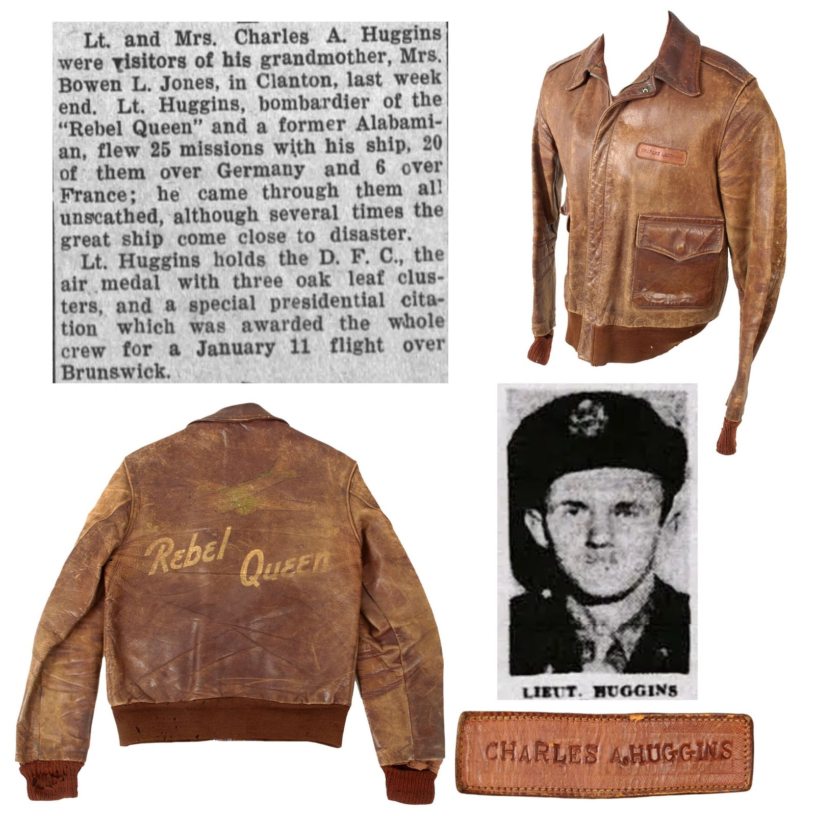 Buy Original U.S. WWII B-17 “Rebel Queen” Distinguished Flying Cross Recipient Bombardier Lt. Charles A. Huggins’ Painted A2 Flight Jacket - 94th Bomb Group | Original Firearms Antique For Sale