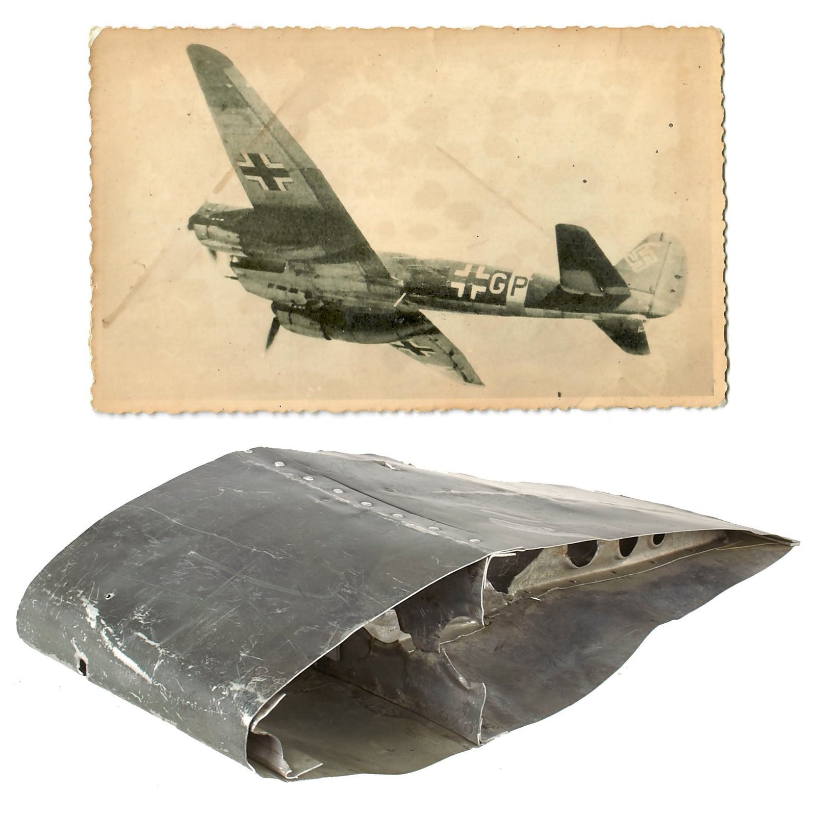 Buy Original German WWII Luftwaffe Junkers Ju 88 Wing Piece with Period Photo of Ju 88 | Original Firearms Antique For Sale