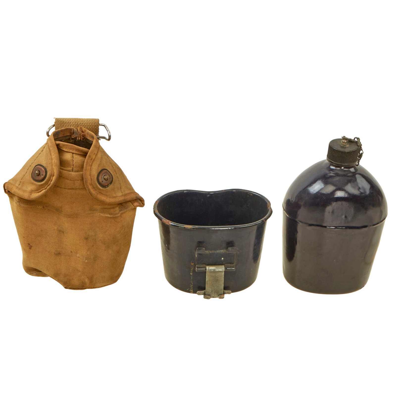 Buy Original U.S. WWII Rare M1942 Black Porcelain Enamel Canteen With Matching Cup in Named 2nd Pattern USMC Carrier - Dated 1942 | Original Firearms Antique For Sale