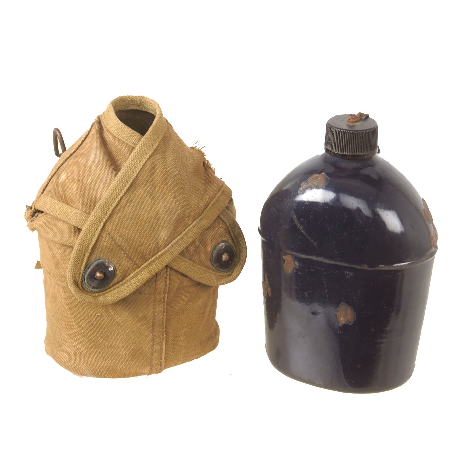 Buy Original U.S. WWII Rare M1942 Black Porcelain Enamel Canteen in 3rd Pattern USMC Carrier with M1910 Canteen Cup | Original Firearms Antique For Sale