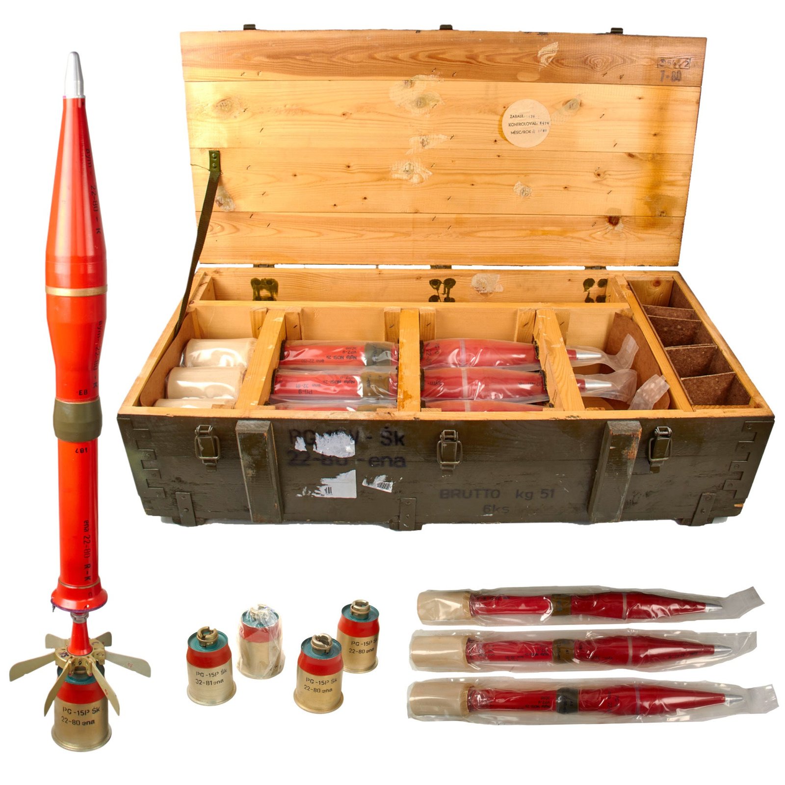 Original Cold War Era Czech Inert Training Rocket Set for the SPG-9 Recoilless Anti-Tank Gun - 4 Rockets in Chest