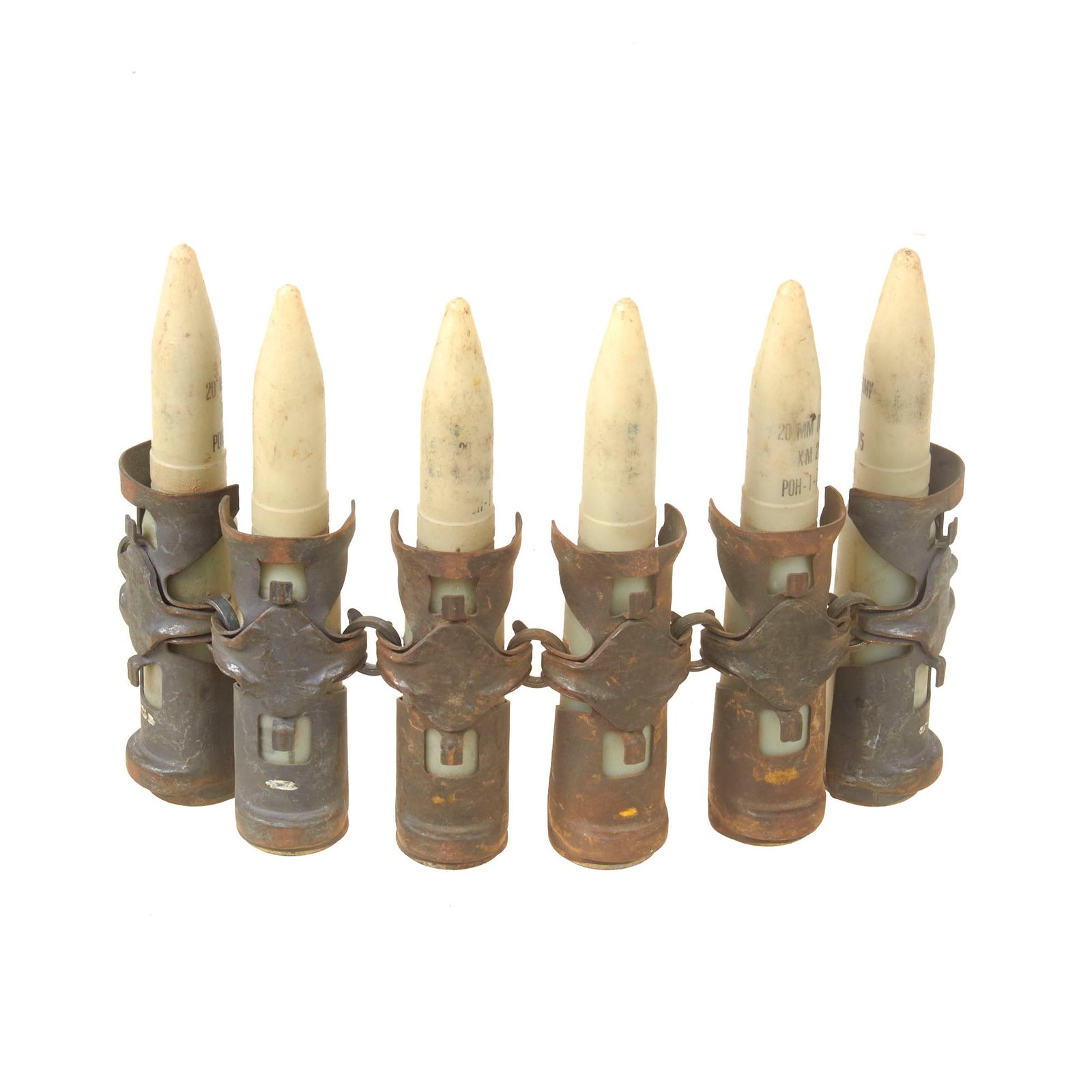 Buy Original U.S. Vietnam War Era Inert Lot of 6 20mm XM254 Training Dummy Rounds on Links - Dated 1975 | Original Firearms Antique For Sale