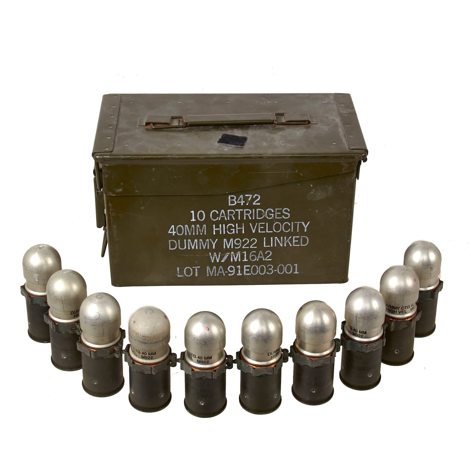 Buy Original U.S. Desert Storm Era Inert Complete Set of 10 40mm High Velocity Rounds on MK19 Links for the Mark 19 Grenade Launcher in Original M2A1 Ammunition Canister | Original Firearms Antique For Sale