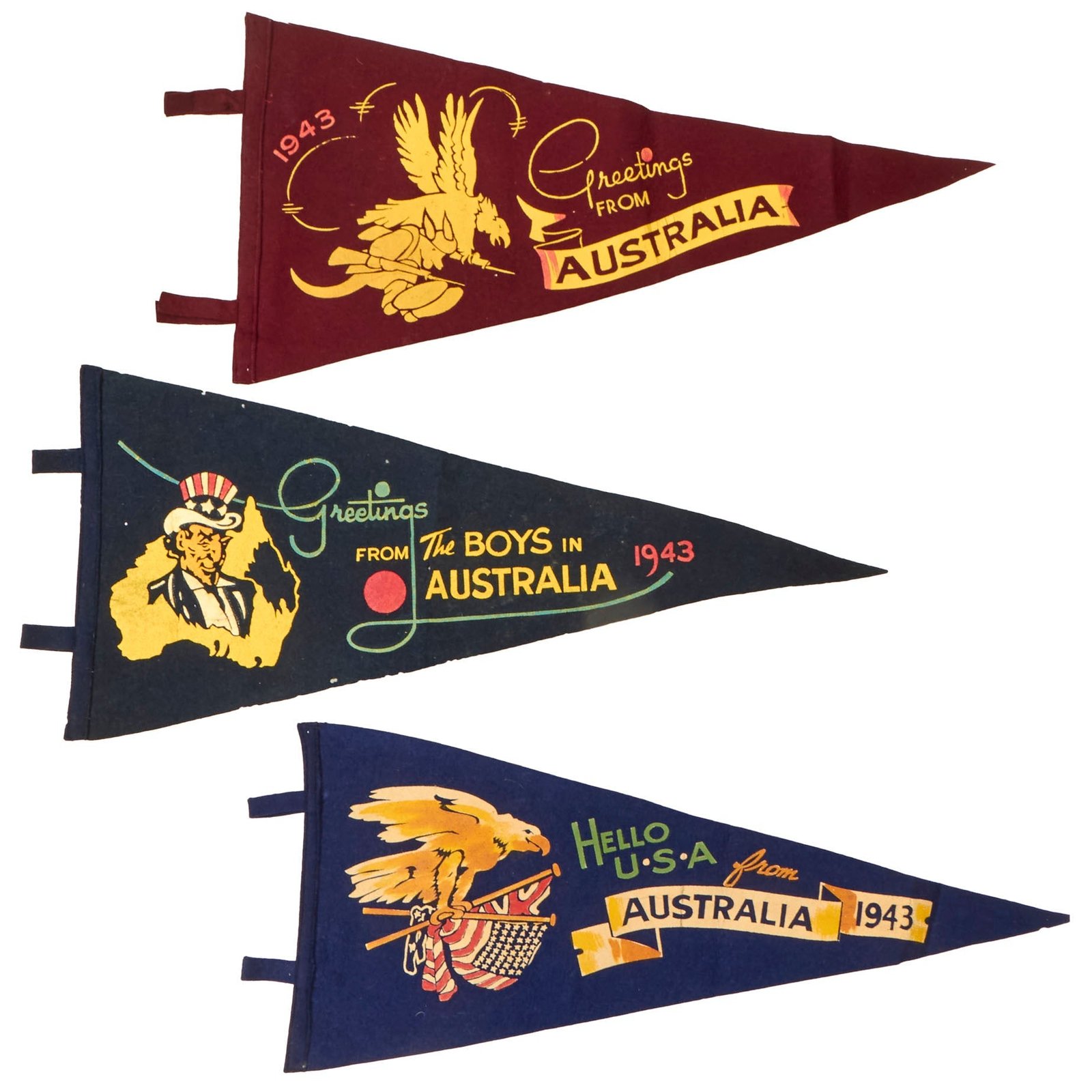 Buy Original WWII U.S. Australian “Greetings from Australia” Pennant Lot - Lot of Three | Original Firearms Antique For Sale