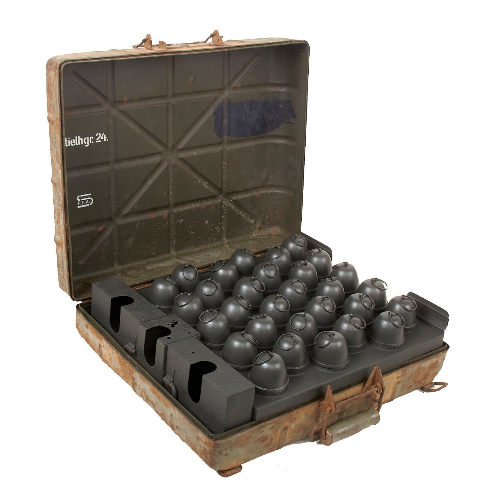 Buy Original German WWII M39 Egg Grenade Case with Original Internal Rack and 30 Replica Grenades | Original Firearms Antique For Sale