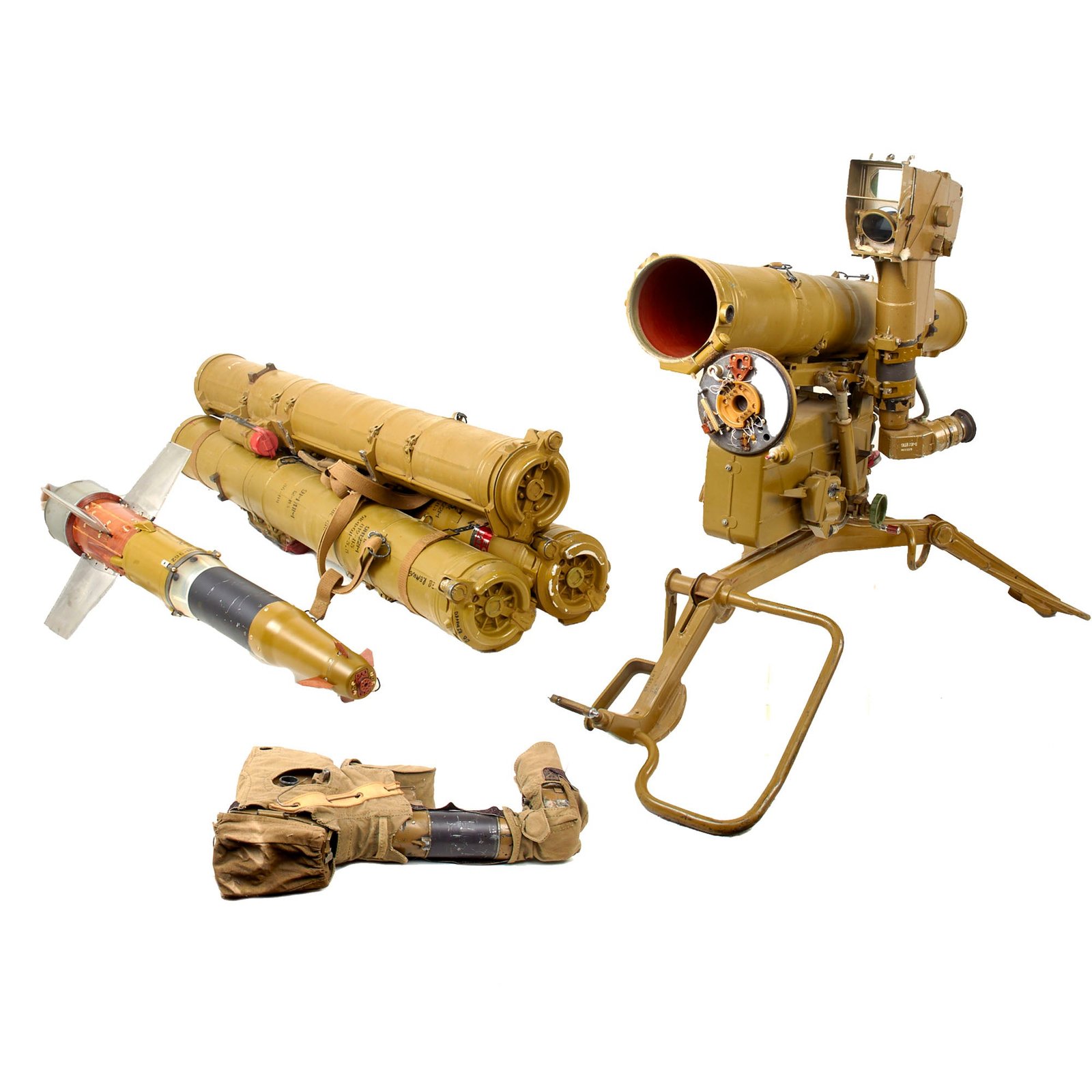 Original Soviet Cold War Inert 9K111 Fagot SACLOS Wire-Guided Anti-tank Missile System with Tripod, 4 Tubes, Inert Rocket, and Spare Sight