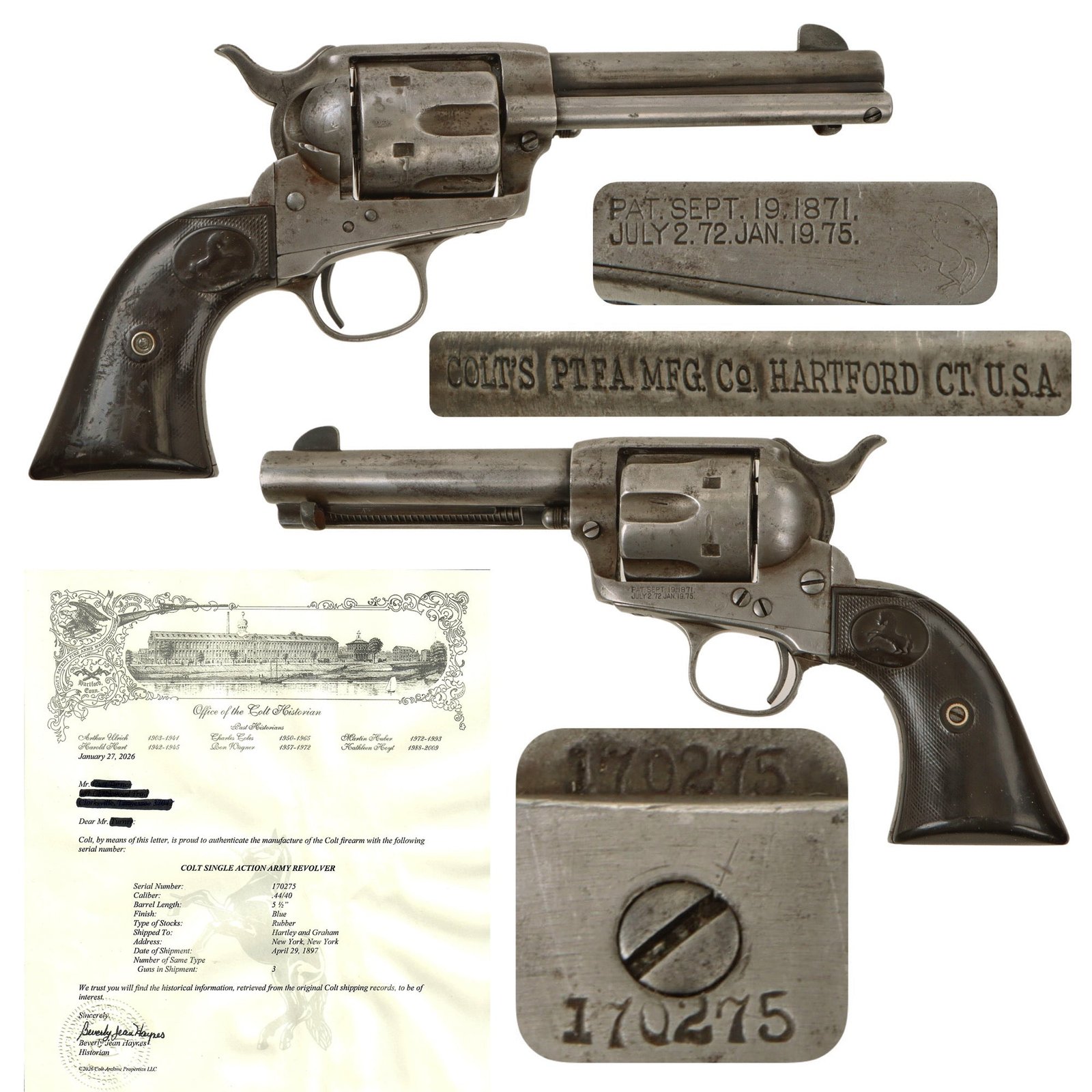 Original U.S. Colt .45cal Converted Single Action Army Revolver Made in 1897 with Excellent 4 3/4" Barrel and Factory Letter - Serial 170275