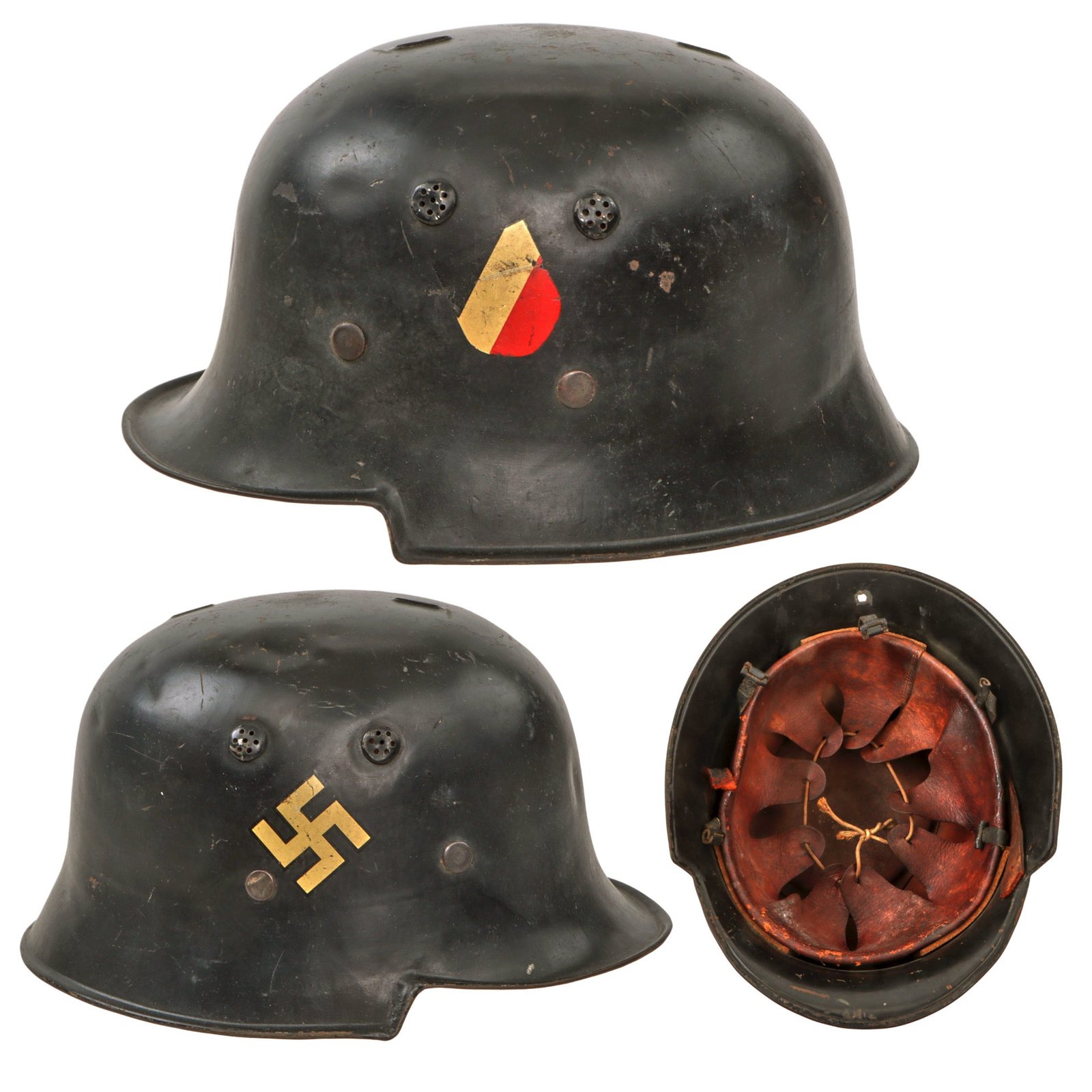 Original German Pre-WWII M34 Square Dip First Pattern Fire Protection Police Helmet with Double Decals - Removed Comb