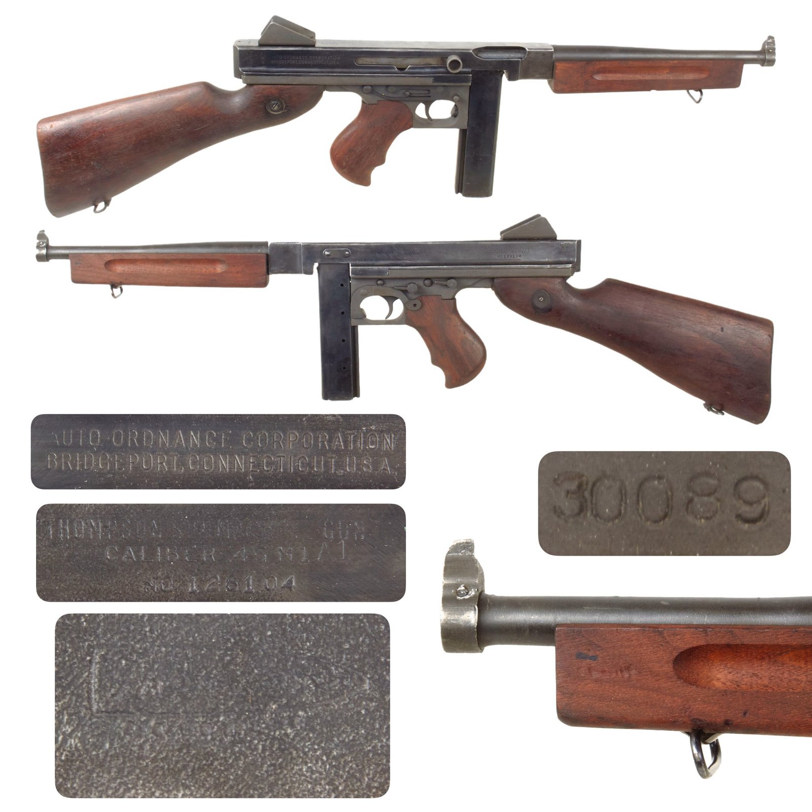 Original U.S. WWII Thompson M1A1 Display Submachine Gun Serial NO. 126104 with Magazine - Original WWII Parts