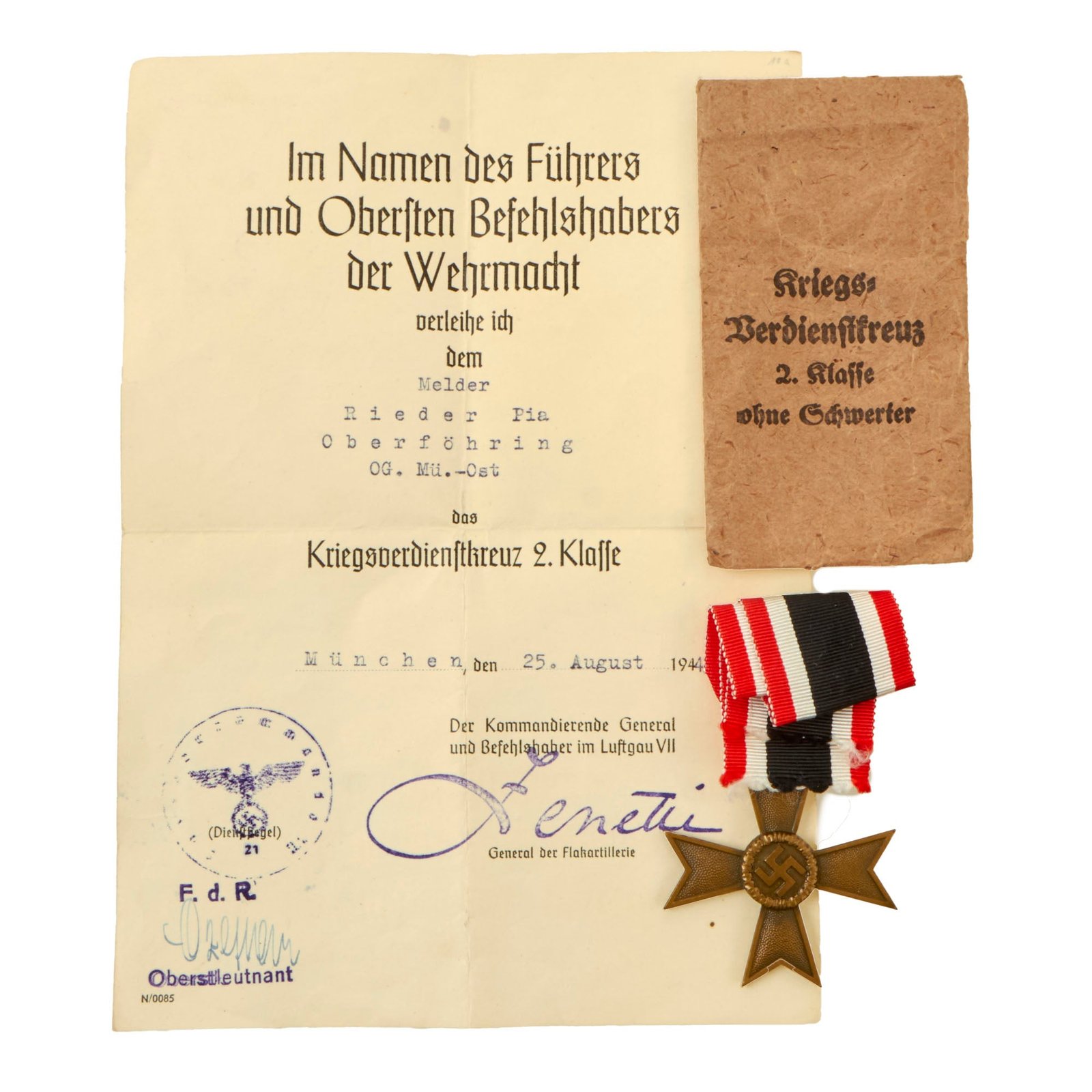 Buy Original German WWII War Merit Cross 2nd Class with Named Award Document and Packet  - KvKII | Original Firearms Antique For Sale