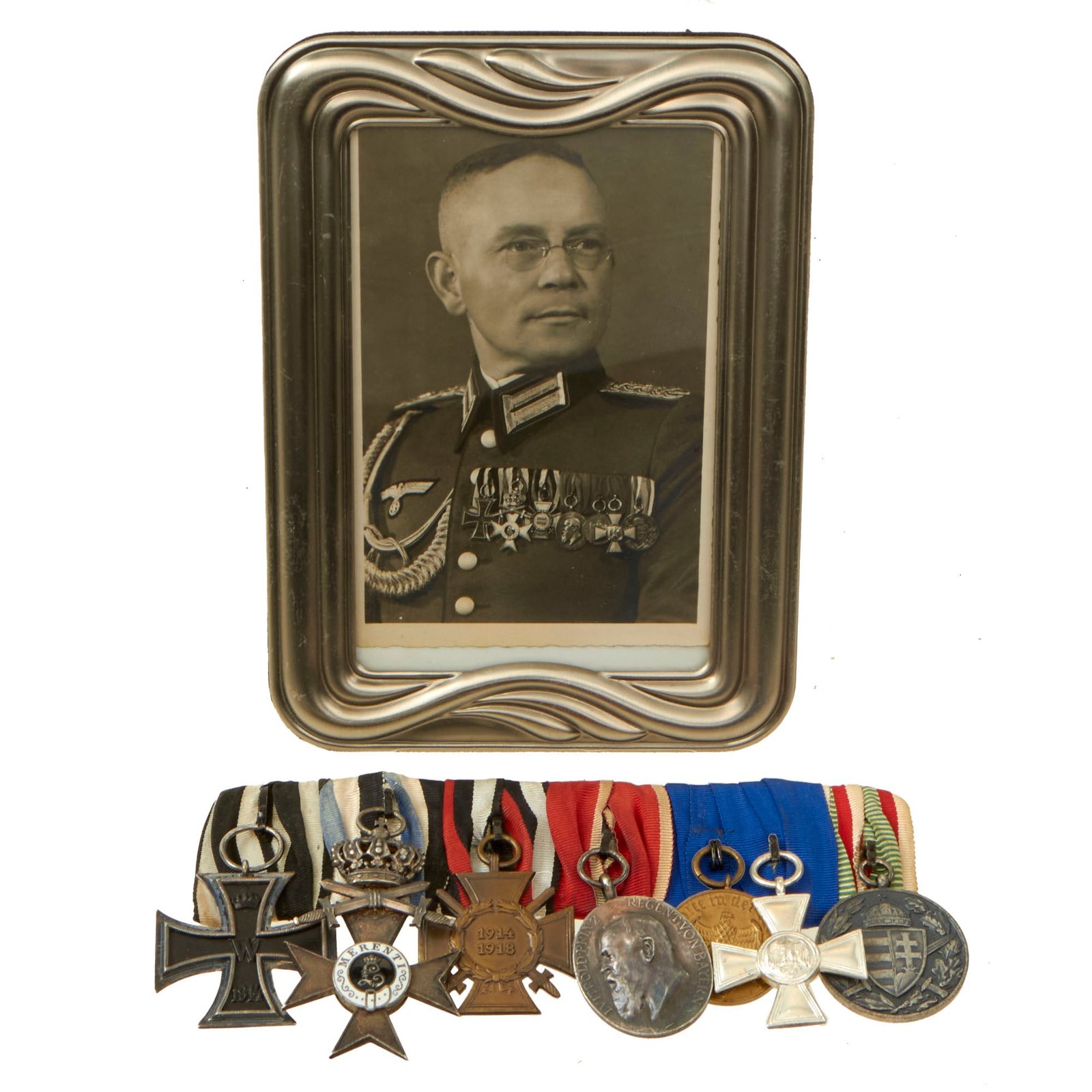 Buy Original German WWI & WWII 7-Place Medal Bar with Photograph of Recipient Wearing Medals - Administrative Official | Original Firearms Antique For Sale
