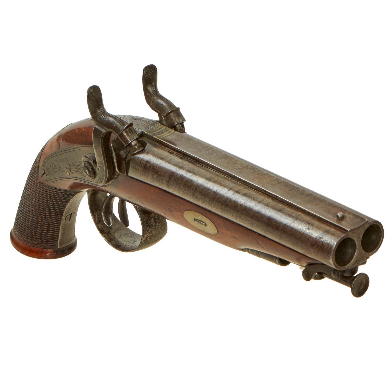 Buy Original British Victorian Double Barrel 32 Bore Percussion Pistol by W. Griffith with Damascus Barrels & Captured Ramrod - Circa 1850 | Original Firearms Antique For Sale