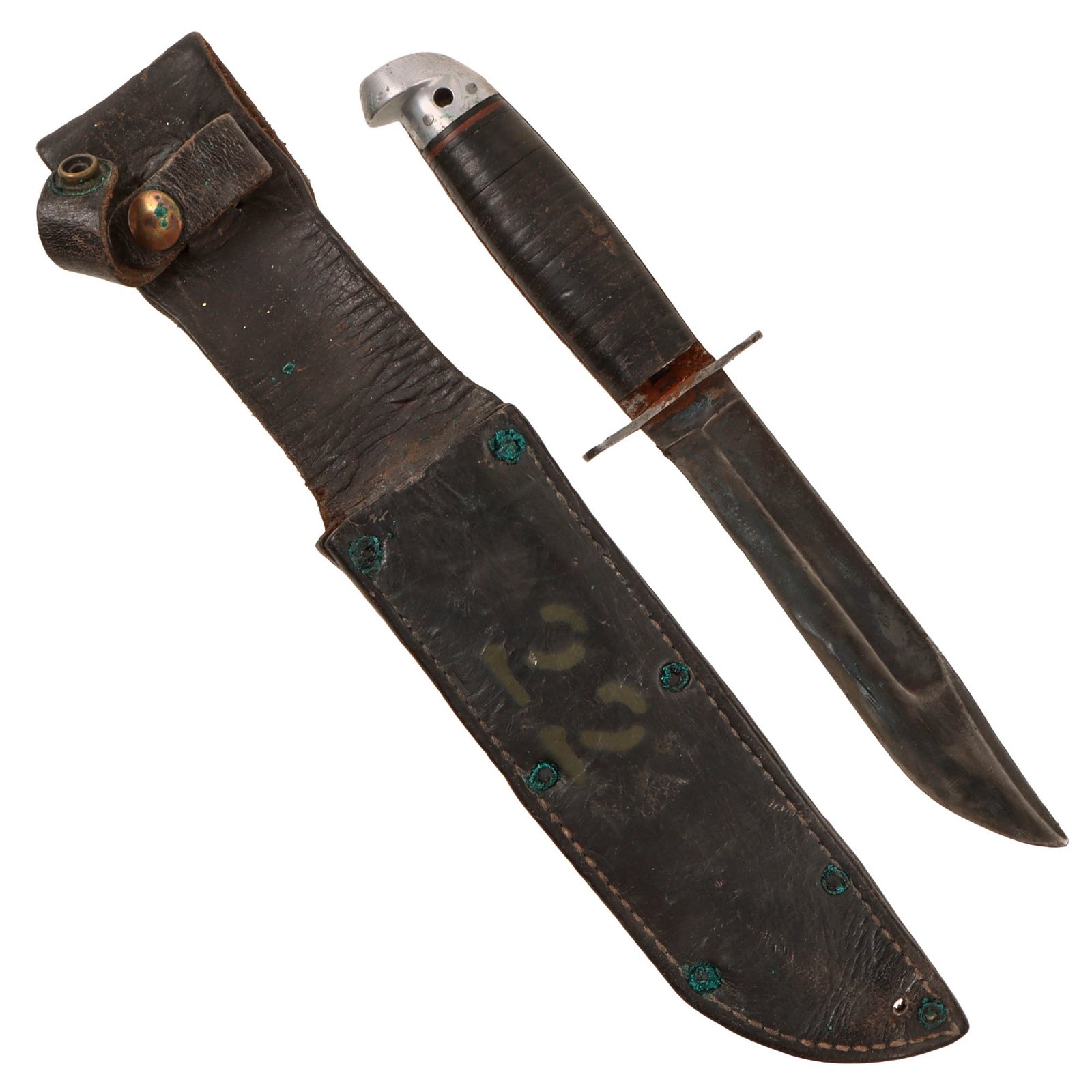 Original U.S. WWII Western G-46-6 "Shark" Fighting Knife with Leather Scabbard & Damaged Grip