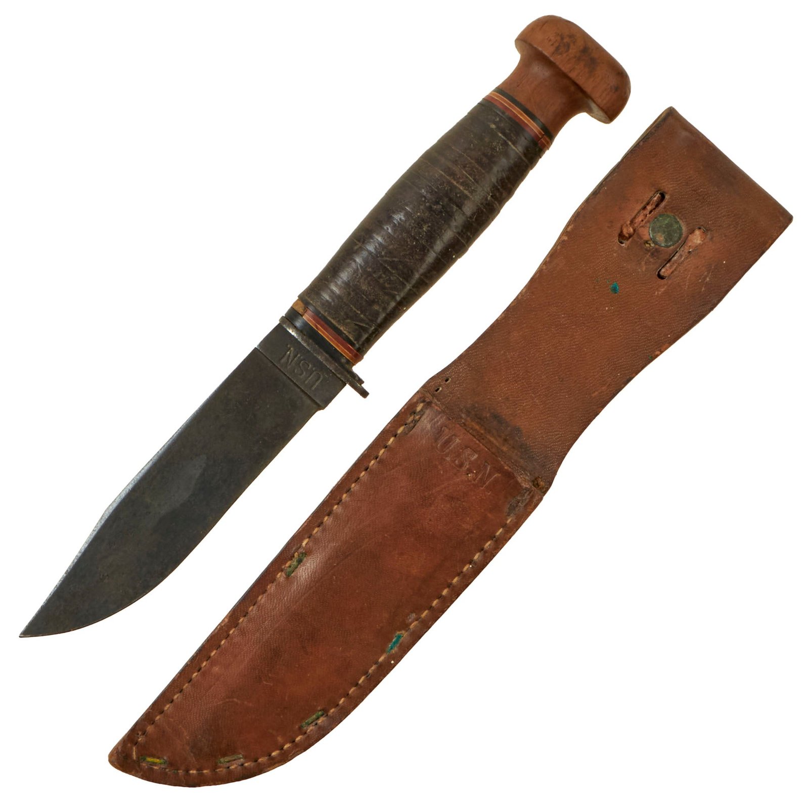 Buy Original U.S. WWII USN Mark 1 Robeson ShurEdge No. 20 Fighting Knife with Wood Pommel and Leather Scabbard | Original Firearms Antique For Sale