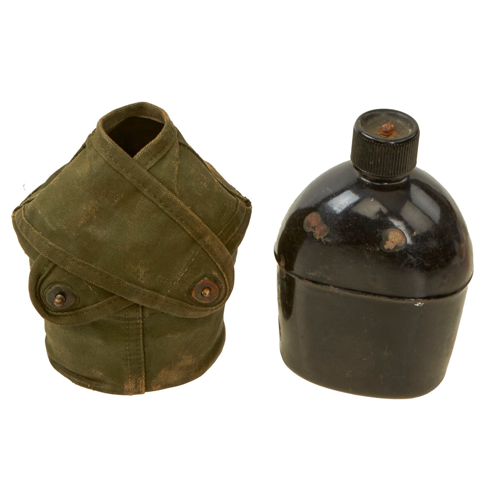 Buy Original U.S. WWII Rare M1942 Black Porcelain Enamel Canteen in 3rd Pattern USMC Carrier with Cup | Original Firearms Antique For Sale