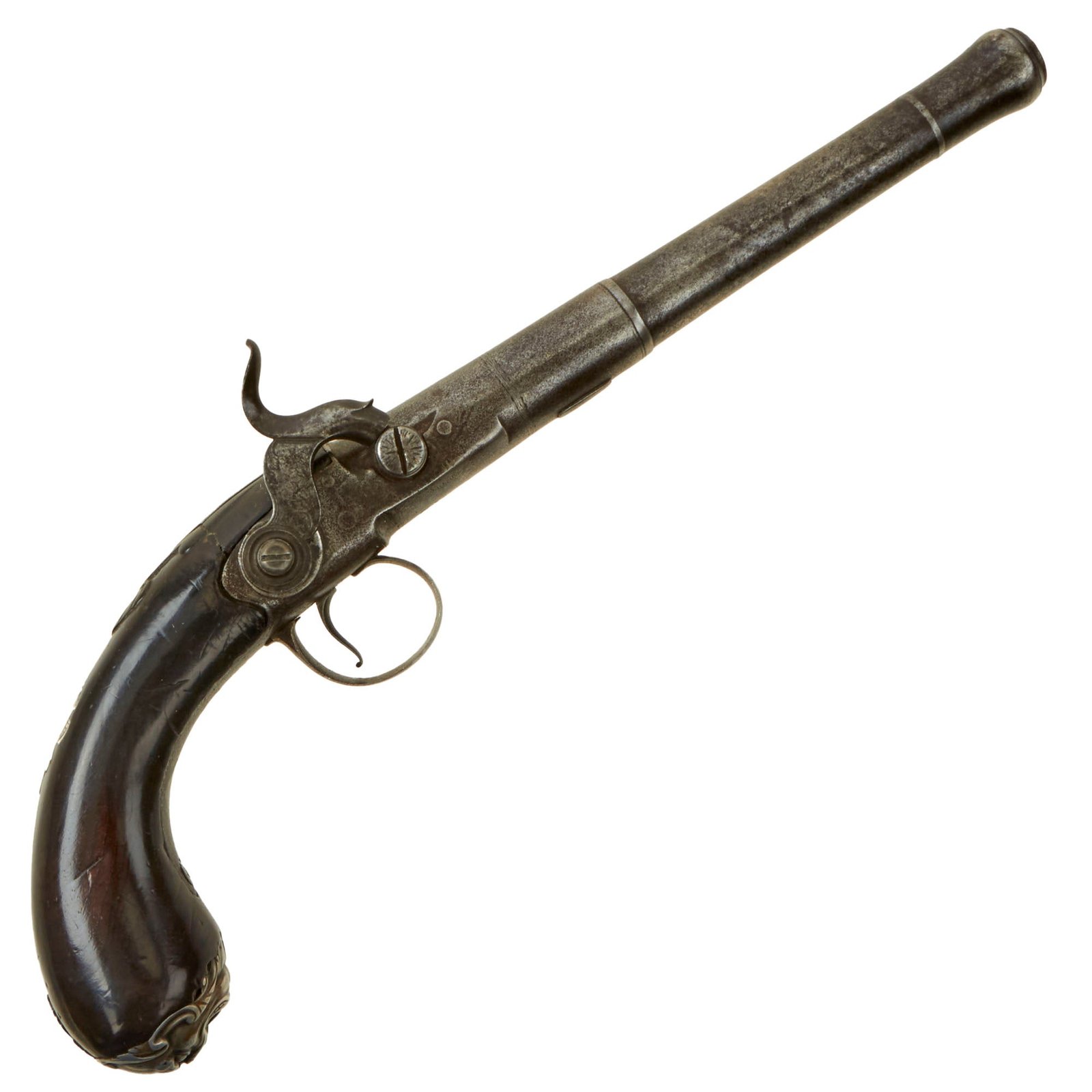 Buy Original 18th Century English Silver Mounted Queen Anne Percussion Converted Pistol with Grotesque Butt Cap - Circa 1750 | Original Firearms Antique For Sale