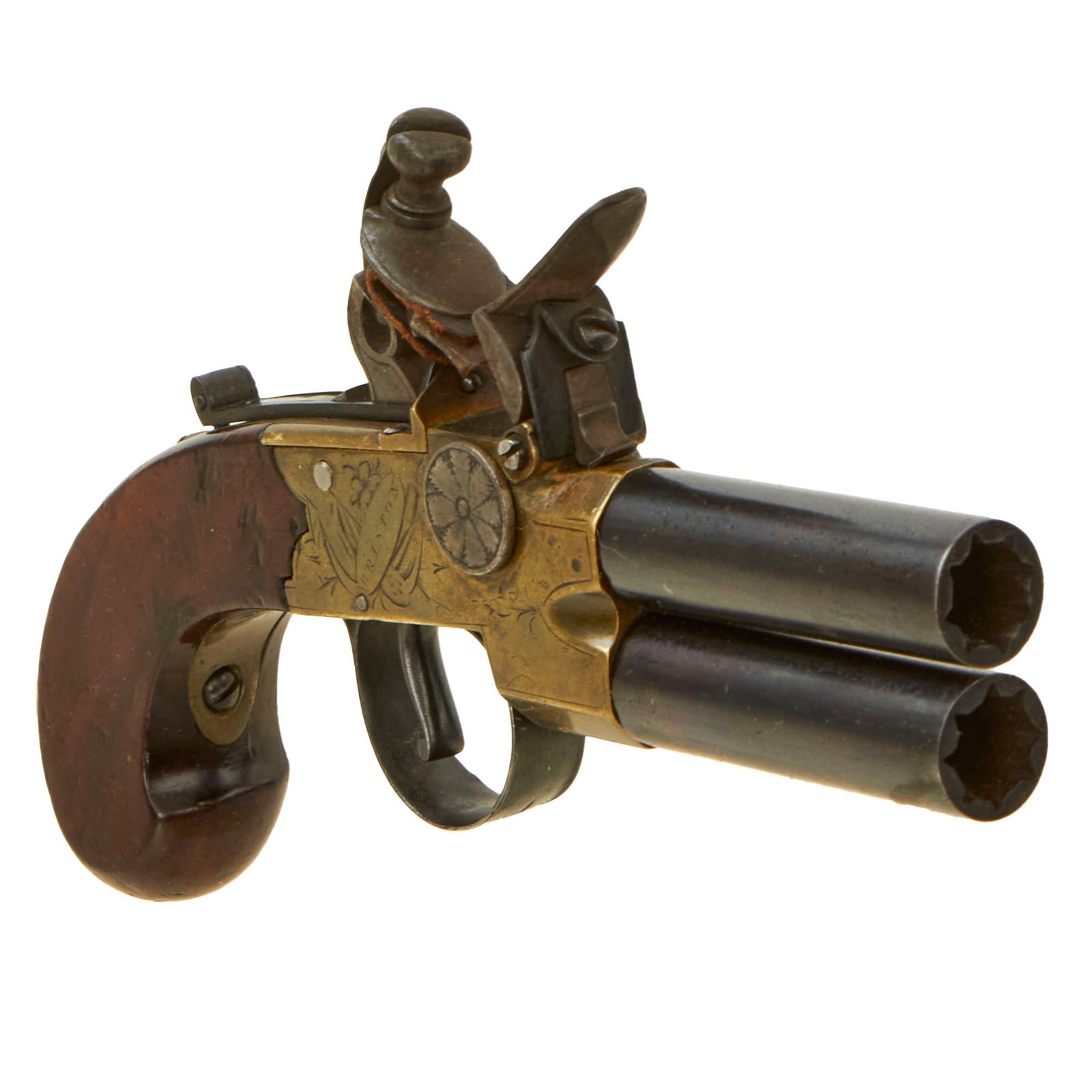 Buy Original British Brass Framed Over and Under Flintlock Double Barrel Tap Action Pistol by Wikinson - circa 1815 | Original Firearms Antique For Sale