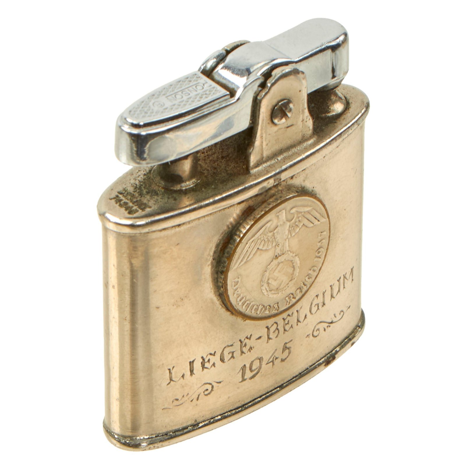 Buy Original U.S. WWII Named Liege-Belgium 1945 Customized Lighter with German Coin by Ronson - C.F. Buckley | Original Firearms Antique For Sale