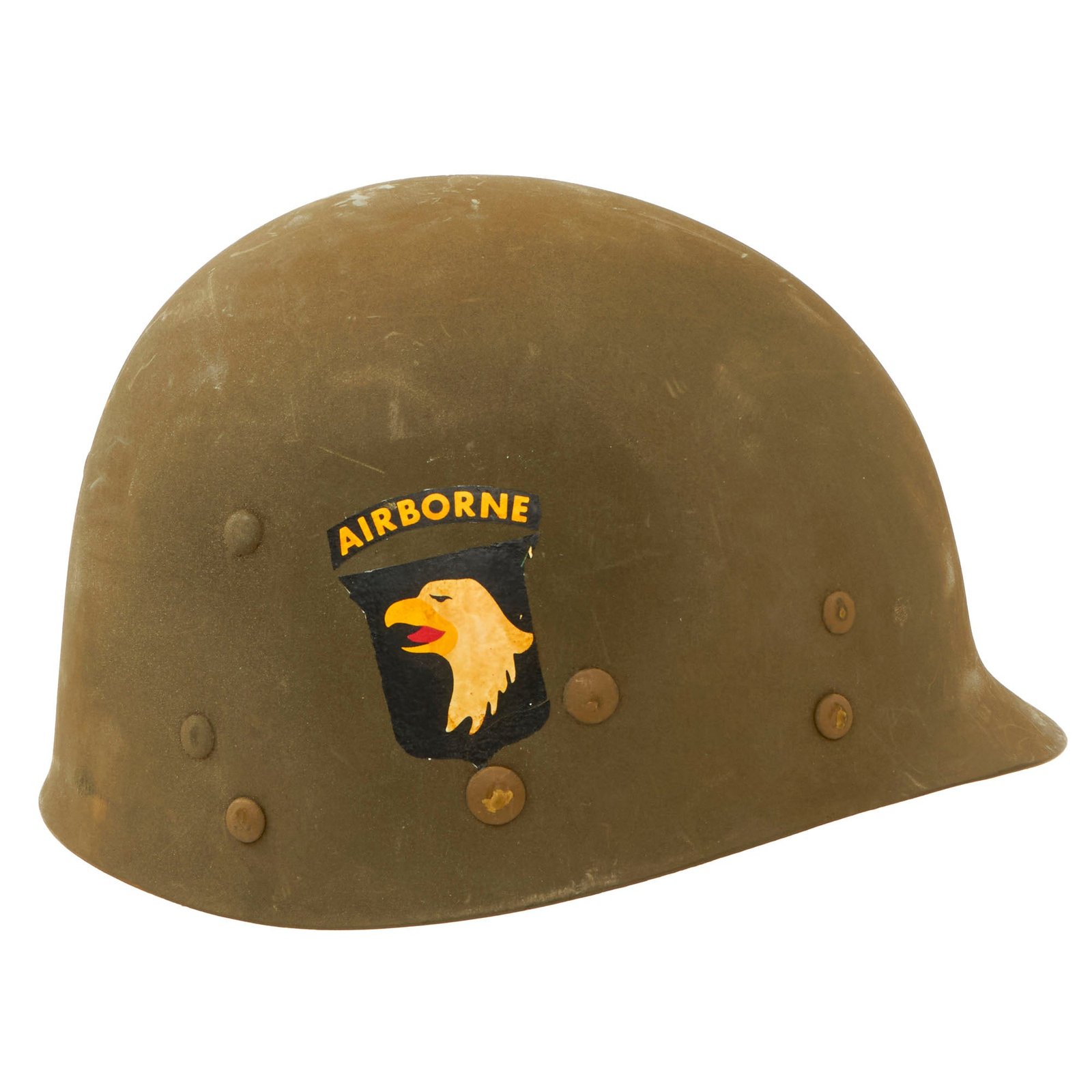 Buy Original U.S. WWII / Korean War M1 Helmet Liner by MSA Modified for Paratrooper Use - 101st Airborne Insignia | Original Firearms Antique For Sale