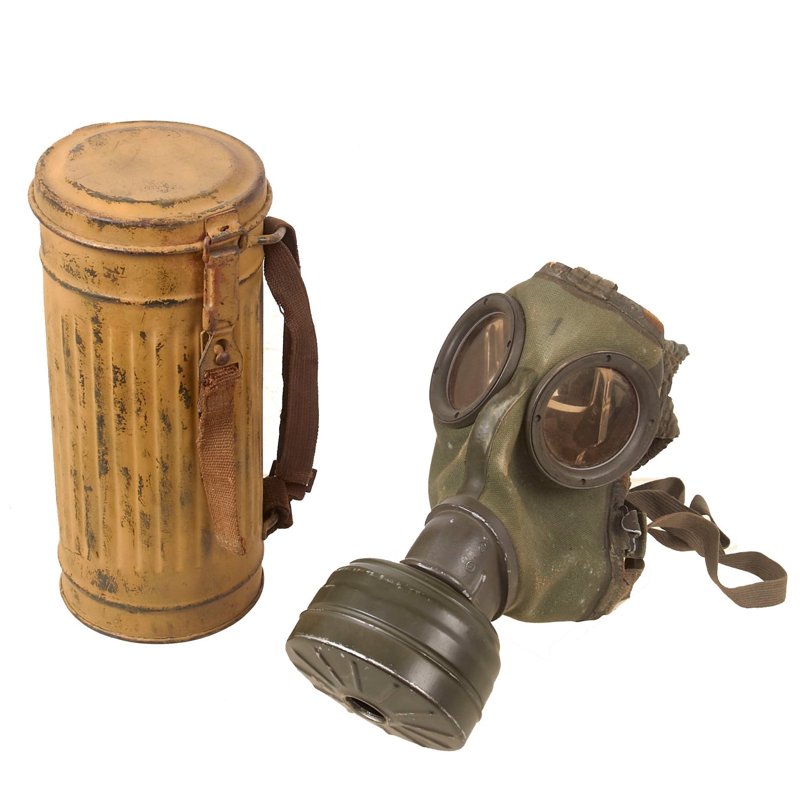 Buy Original German WWII Wehrmacht M38 Gas Mask with “Long Model” Canister With Afrika Korps Period Applied Desert Camouflage Paint and Original Straps | Original Firearms Antique For Sale