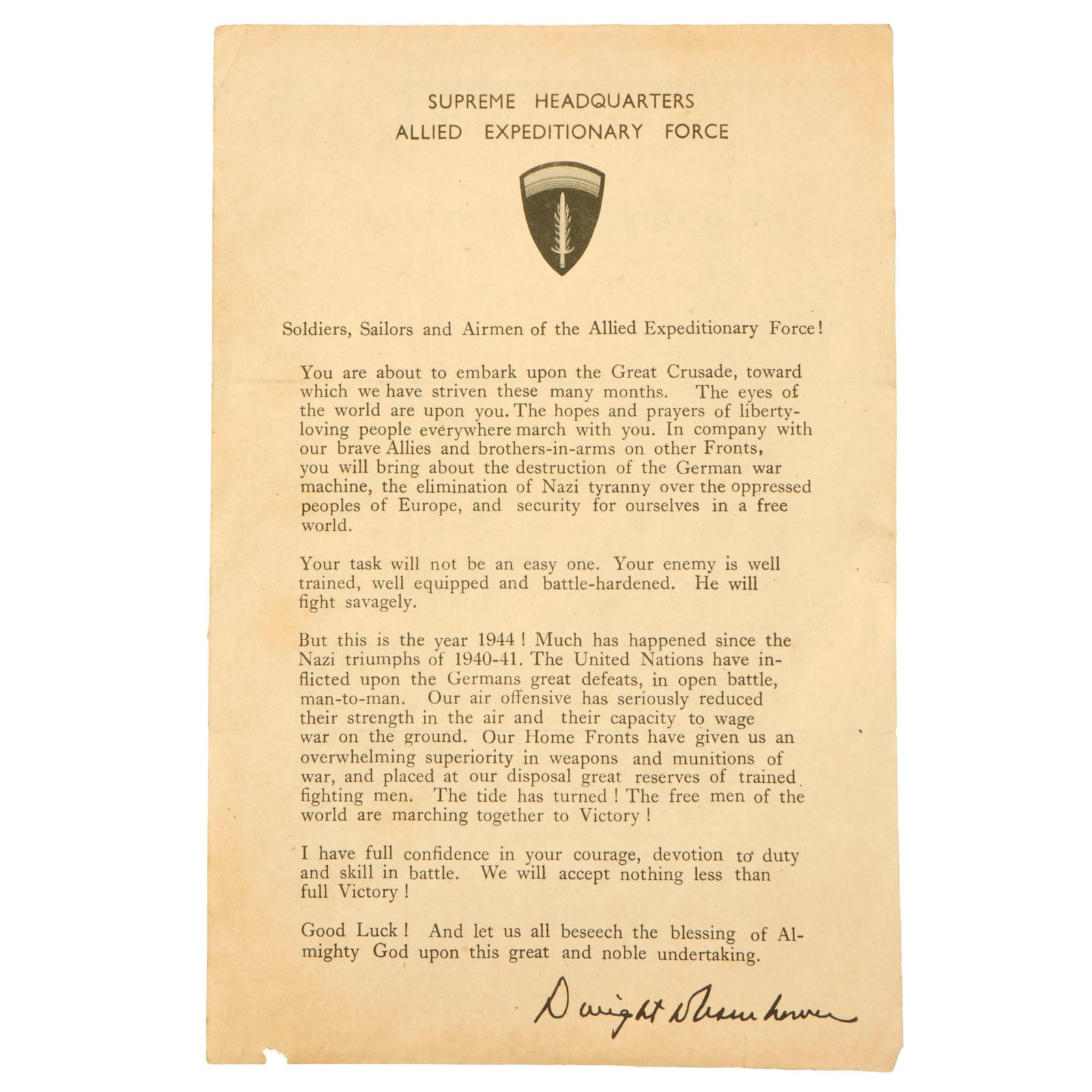 Buy Original U.S. WWII SHAEF Eisenhower Letter Sent to the Troops Before D-Day | Original Firearms Antique For Sale