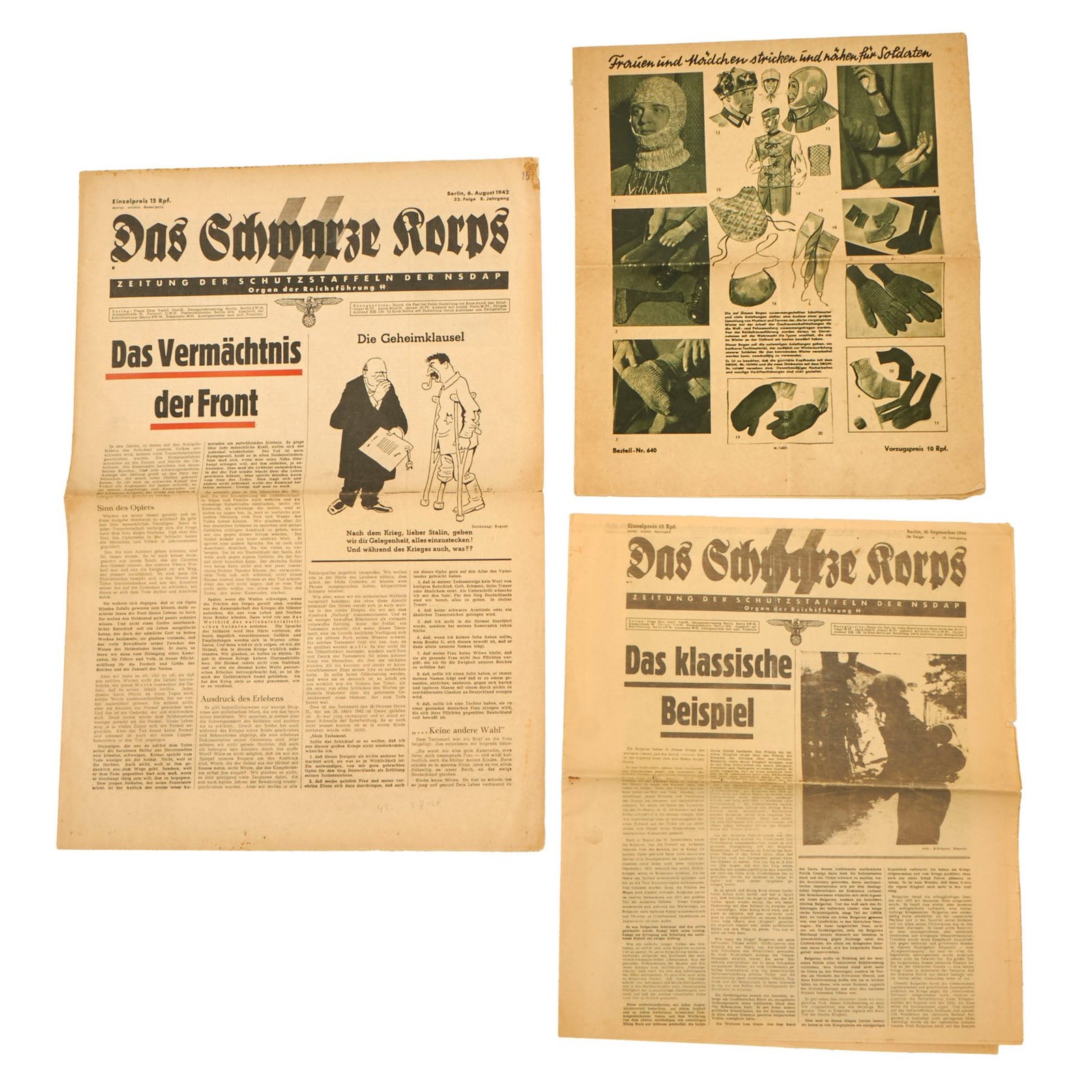 Buy Original German WWII Das Schwarze Korps SS Schutzstaffel Newspaper Collection - 6 Aug. 1942 and 21 Sept 1944 with Insert | Original Firearms Antique For Sale