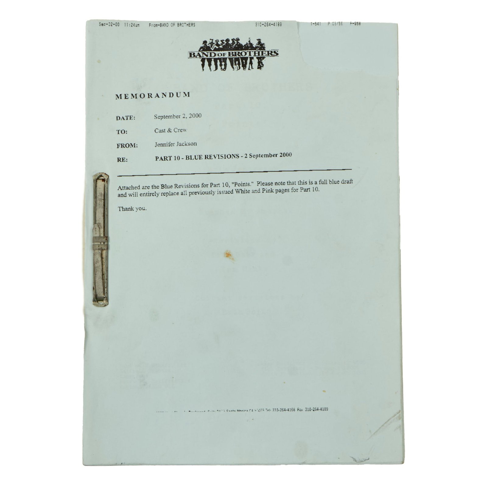 Buy Original U.S. Band of Brothers Part 10 “Points” Blue Revisions Script used in Show with Certificate of Authenticity | Original Firearms Antique For Sale