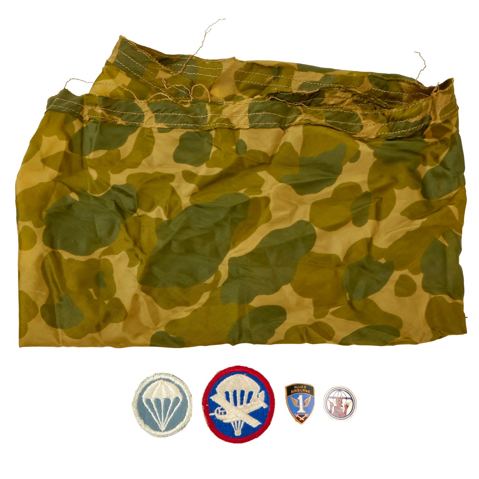 Buy Original U.S. WWII Airborne Patch & Pin Lot with Scarf made from Camouflage Parachute - 504th PIR Pin | Original Firearms Antique For Sale