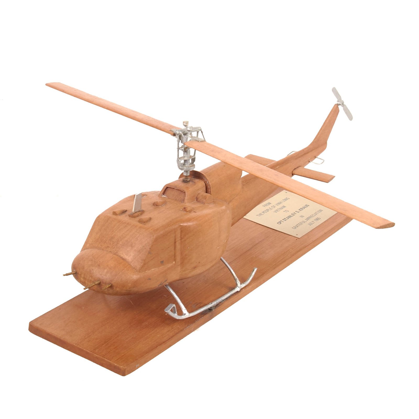 Buy Original U.S. Vietnam War Wooden Helicopter Carving Presented to Captain Stanley S. Kraus by the People of Vinh Long, Vietnam in 1965 - Broken | Original Firearms Antique For Sale