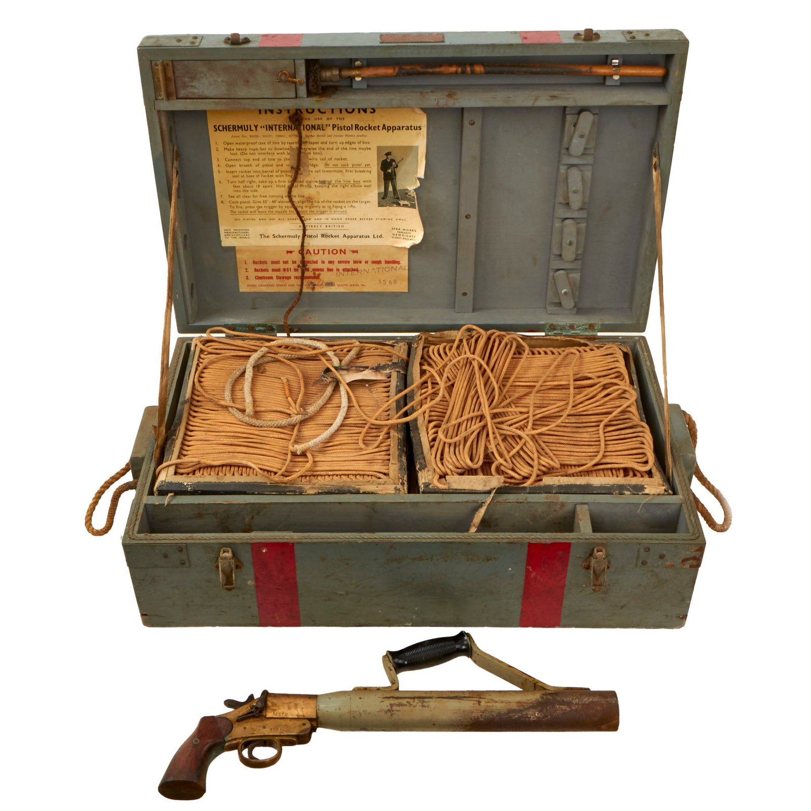 Buy Original British WWII Japanese-Issued International Schermuly Pistol Rocket Apparatus Rescue Line Thrower Set in Case - Missing Rockets | Original Firearms Antique For Sale