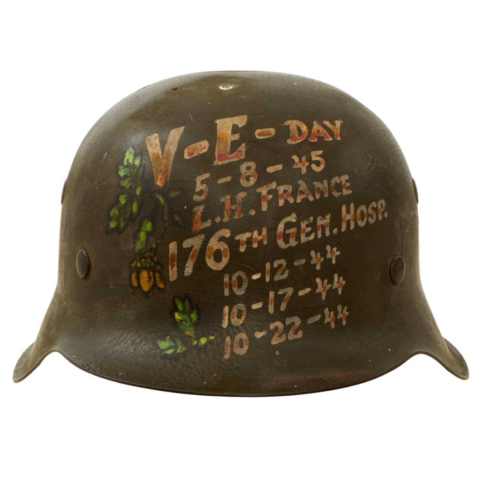 Buy Original German WWII USGI Decorated 176th General Hospital M42 Army Heer Helmet with Inscribed Relic Liner - Stamped NS64 | Original Firearms Antique For Sale