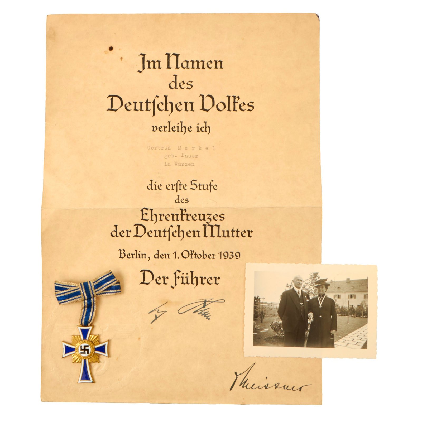 Buy Original German WWII 1st Class Gold Mother’s Cross with Named Award Document and 1940 Dated Photograph | Original Firearms Antique For Sale