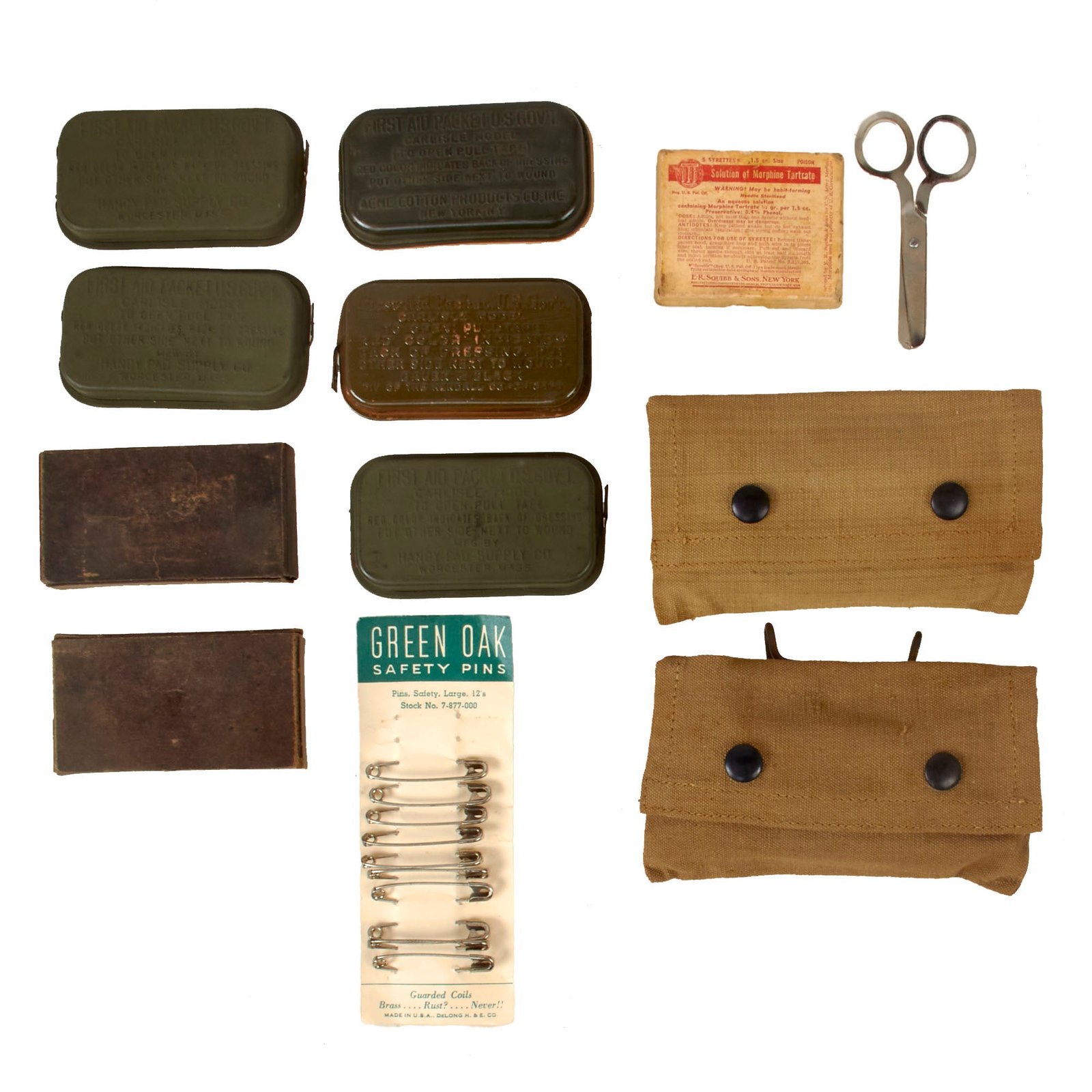 Buy Original U.S. WWII Combat Medic Lot with Empty Morphine Syrette Box by E.R. Squibb & Sons of New York and 9 Carlisle Bandages - 14 Items Total | Original Firearms Antique For Sale