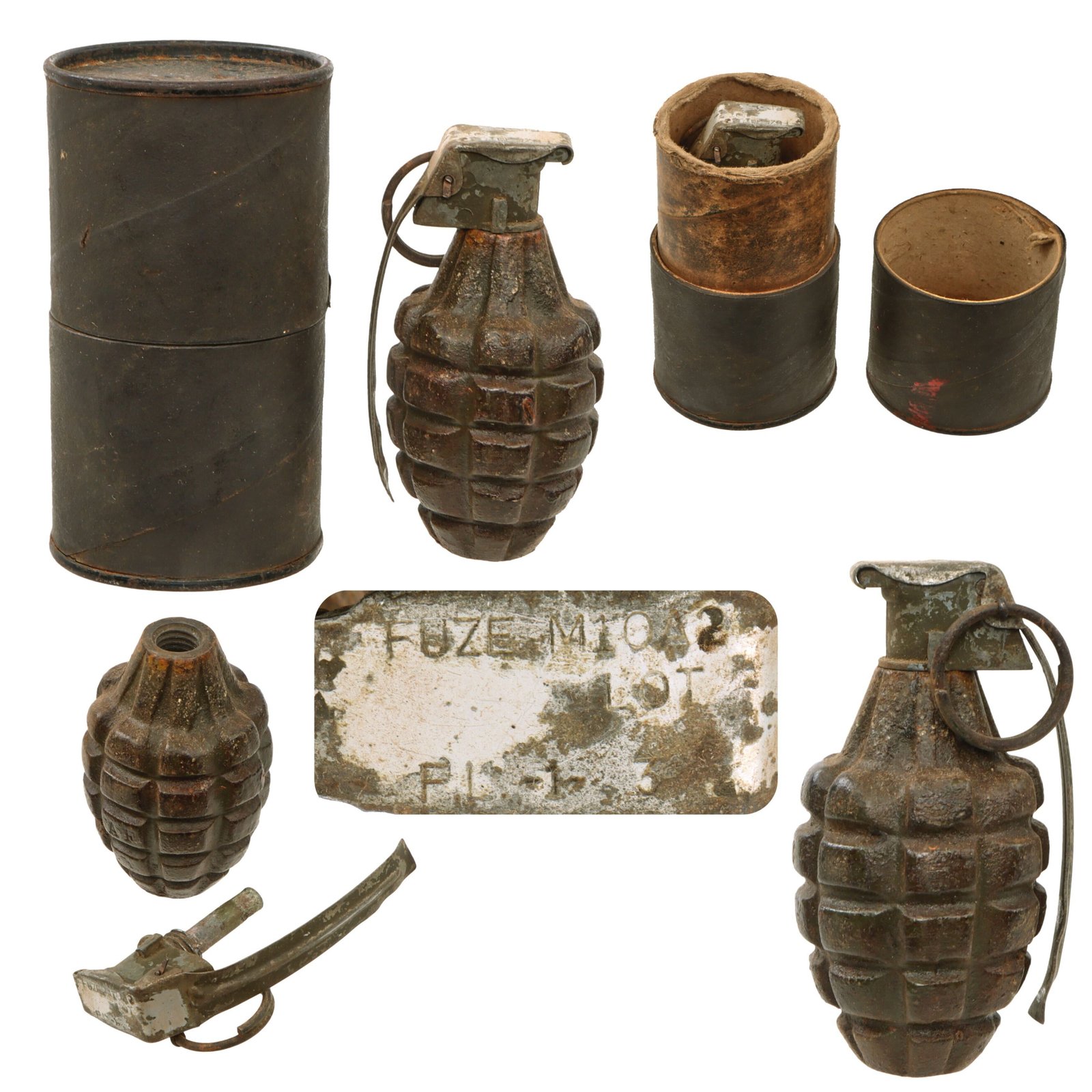 Original U.S. WWII Inert Service-Worn MkII Pineapple Grenade with Yellow Ring & M10A2 Fuze in Husk