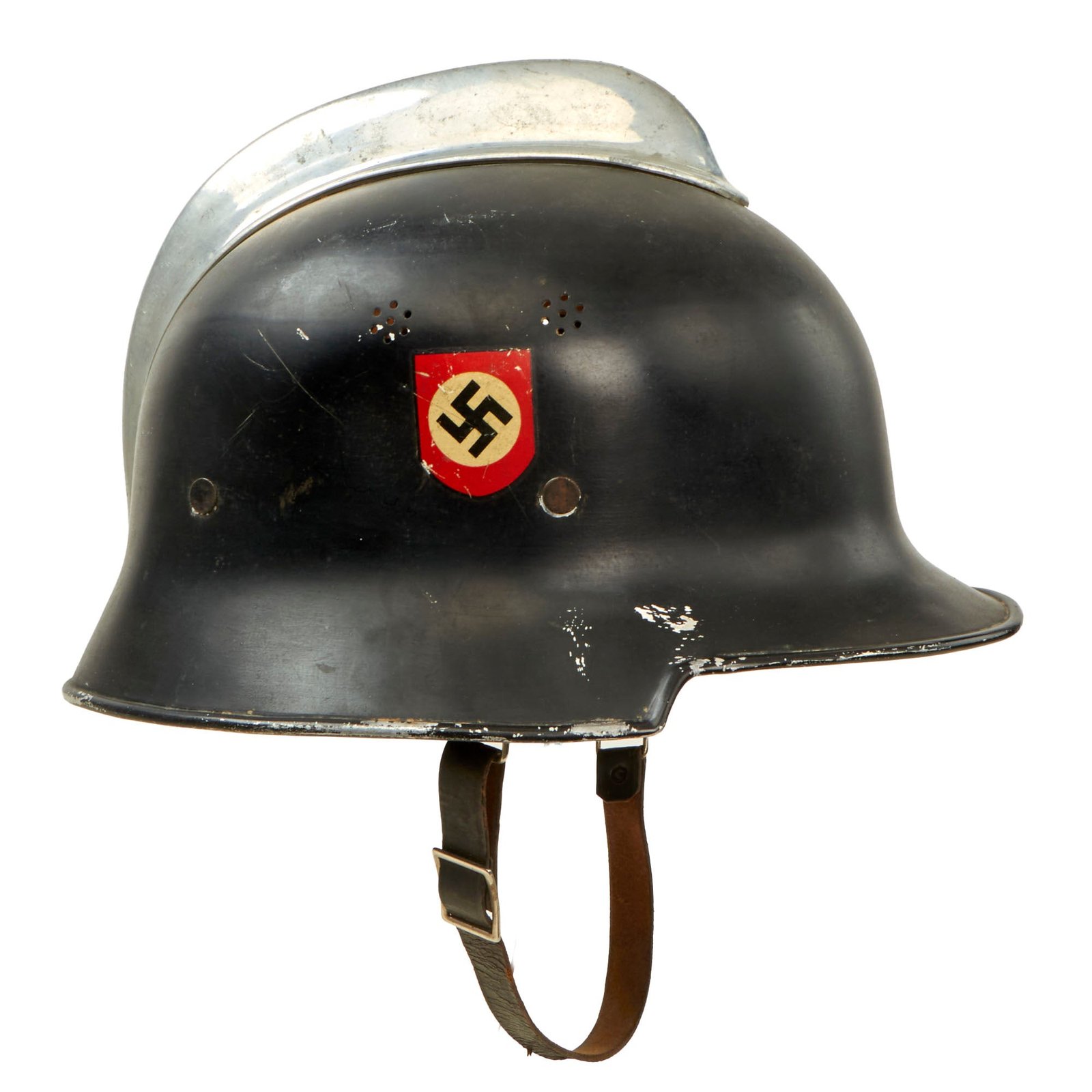 Buy Original German WWII M34 Civic Square Dip Aluminum Fire Police Helmet by BXF with Double Decals in 57cm - Feuerwehr Helmet | Original Firearms Antique For Sale