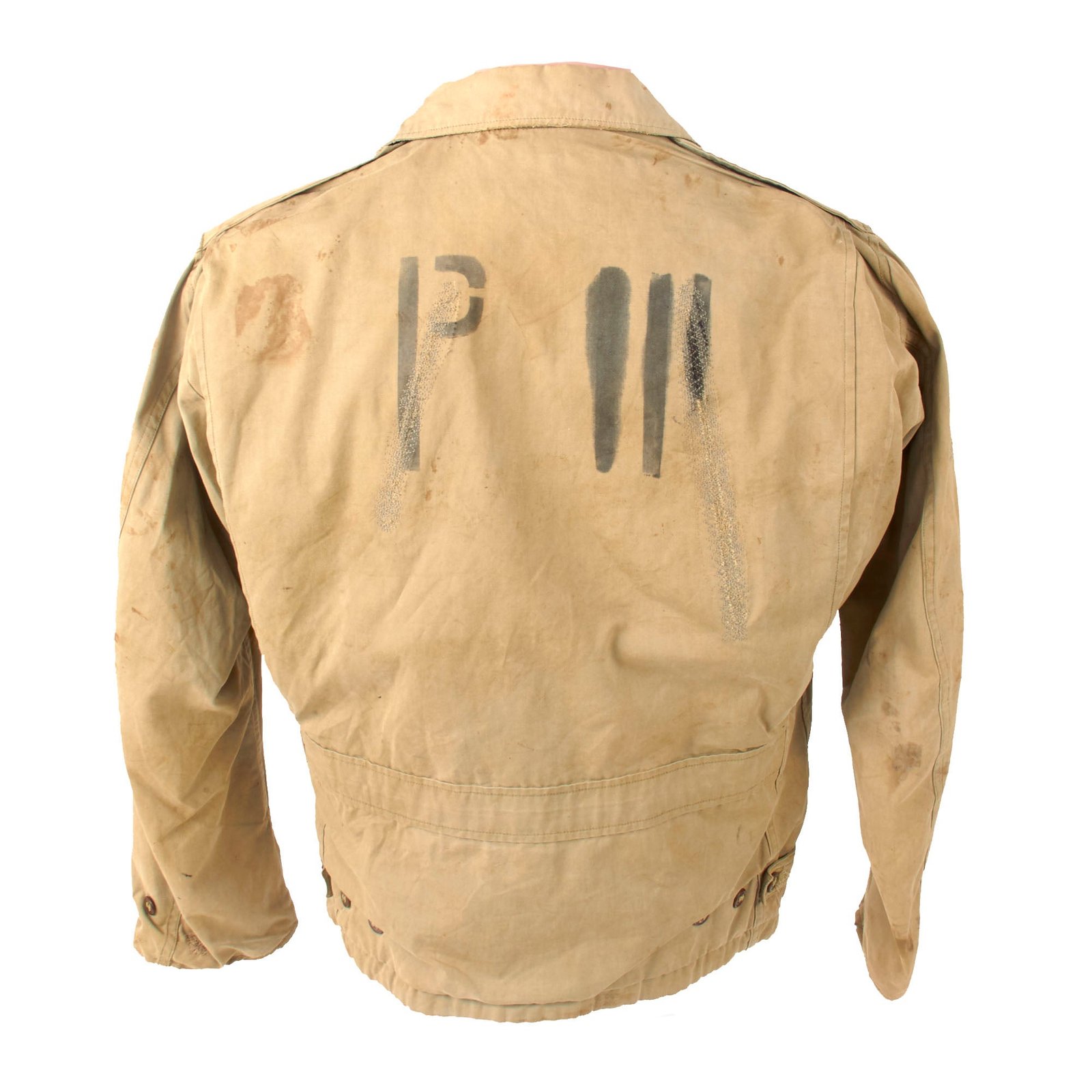 Original U.S. WWII M-1941 Field Jacket with Axis Prisoner of War PW Stenciled Uniform Jacket with Copy of Note Found in Pocket with Names of Fallen Comrades