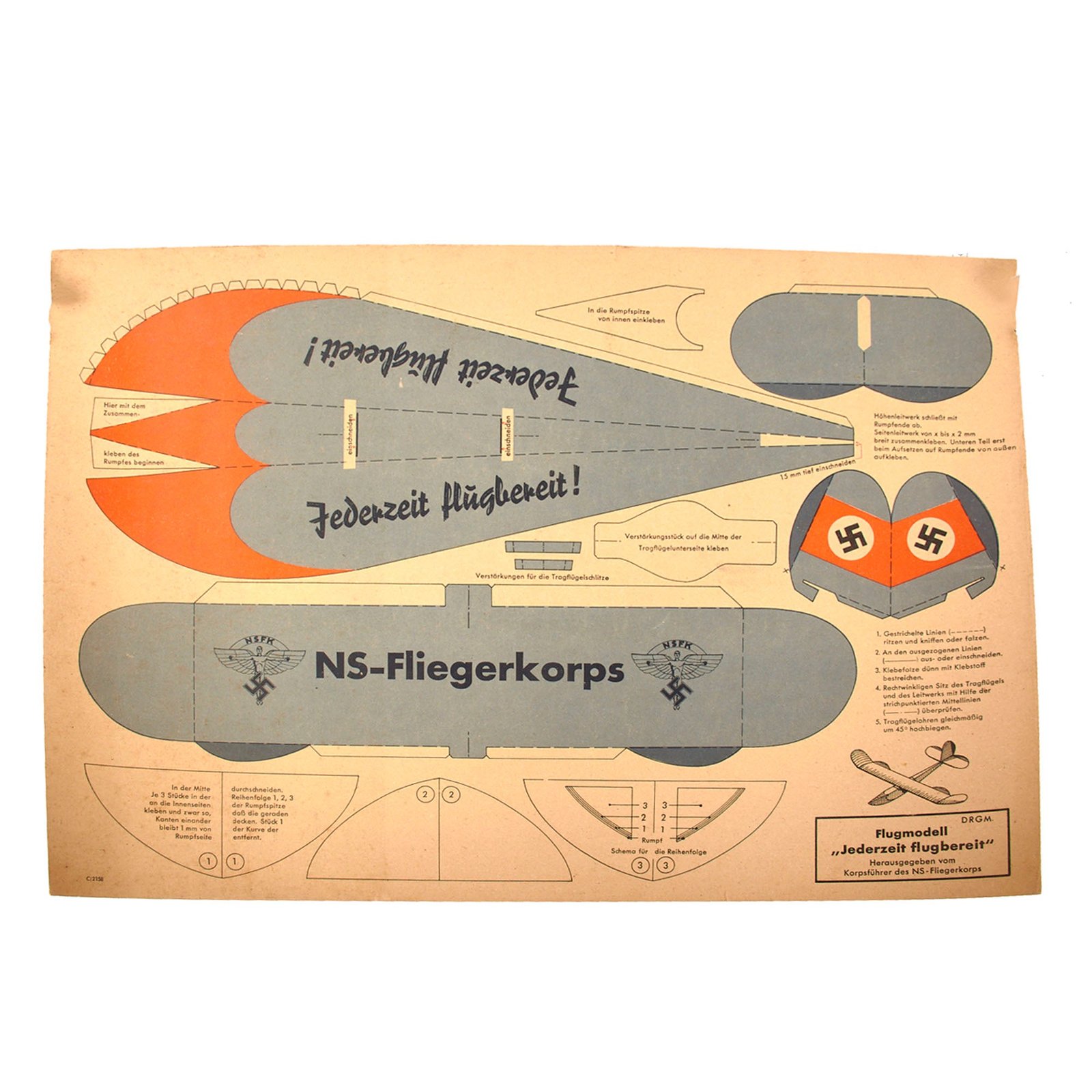 Original German WWII NSFK National Socialist Flying Corps Unused Paper Model Airplane - Jederzeit flugbereit