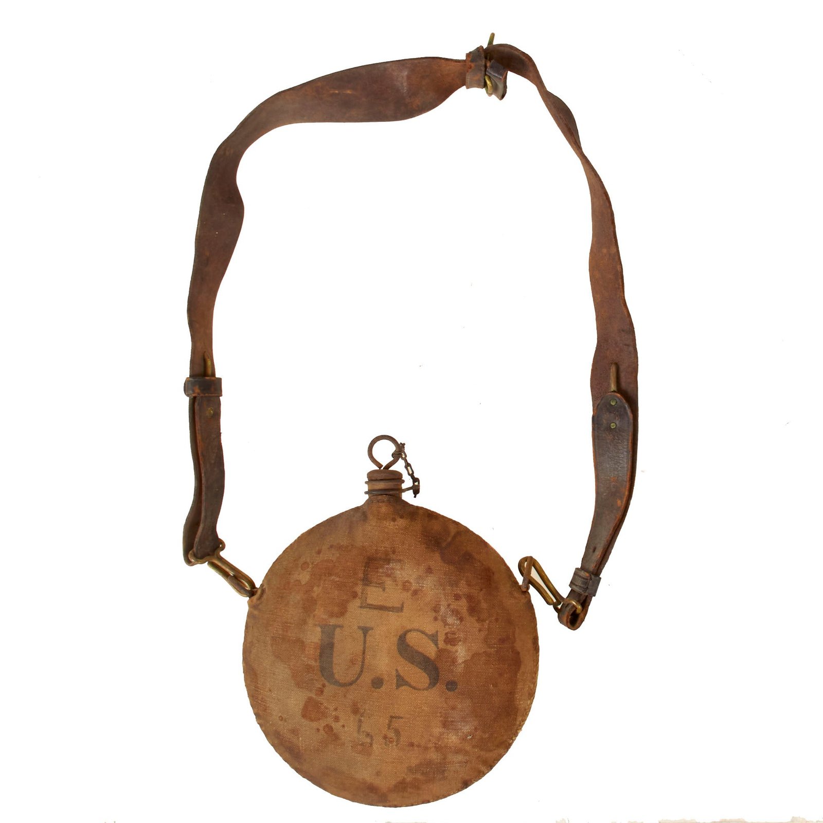 Original U.S. Indian Wars / Spanish-American War Unit-Marked M1878 Canteen with Leather Shoulder Strap - 65th Infantry Regiment, Company E - Puerto Rico Regiment
