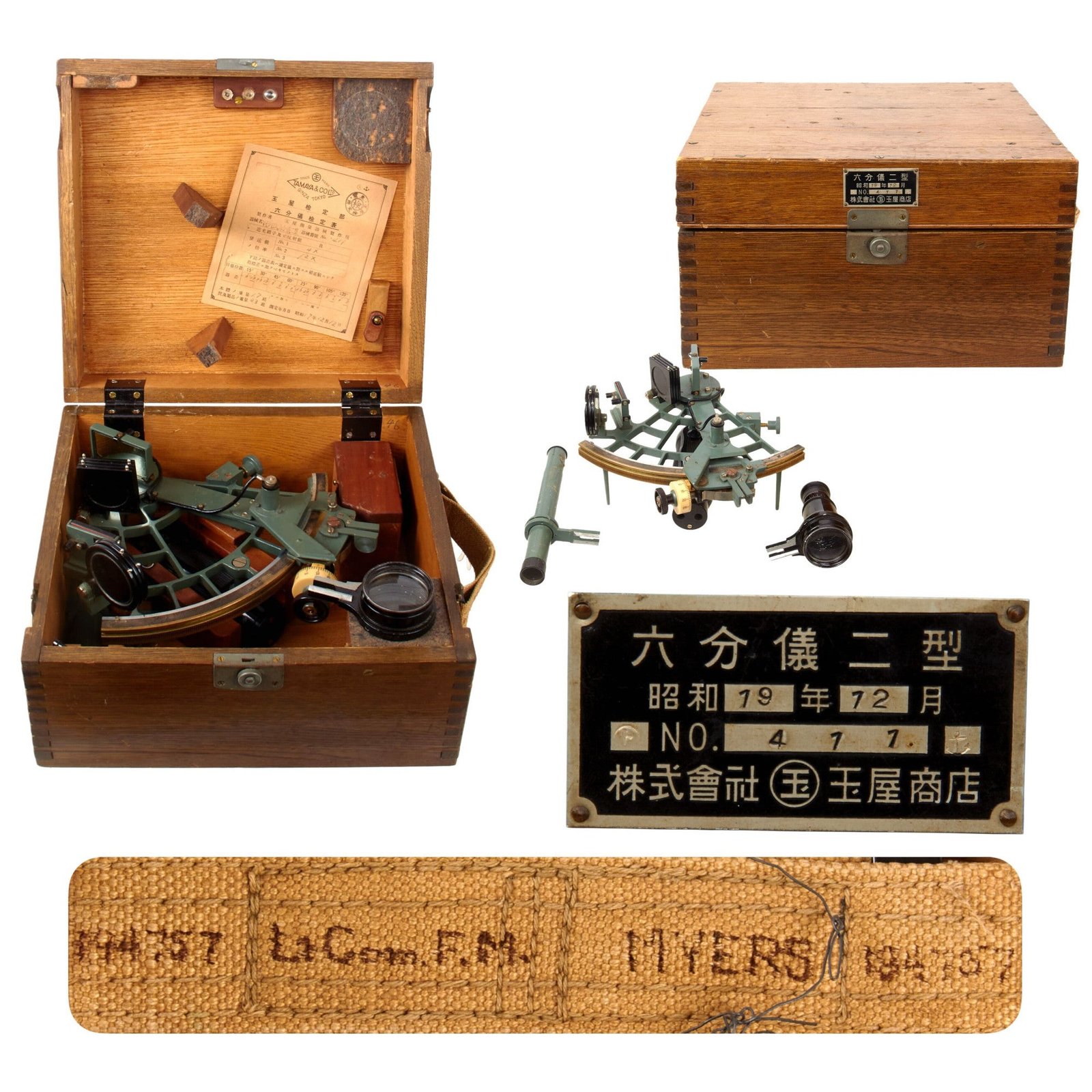 Original WWII Imperial Japanese Navy Type 96 Naval Sextant in Wood Case Captured by American Officer with Inscription on Strap - Dated December 1944