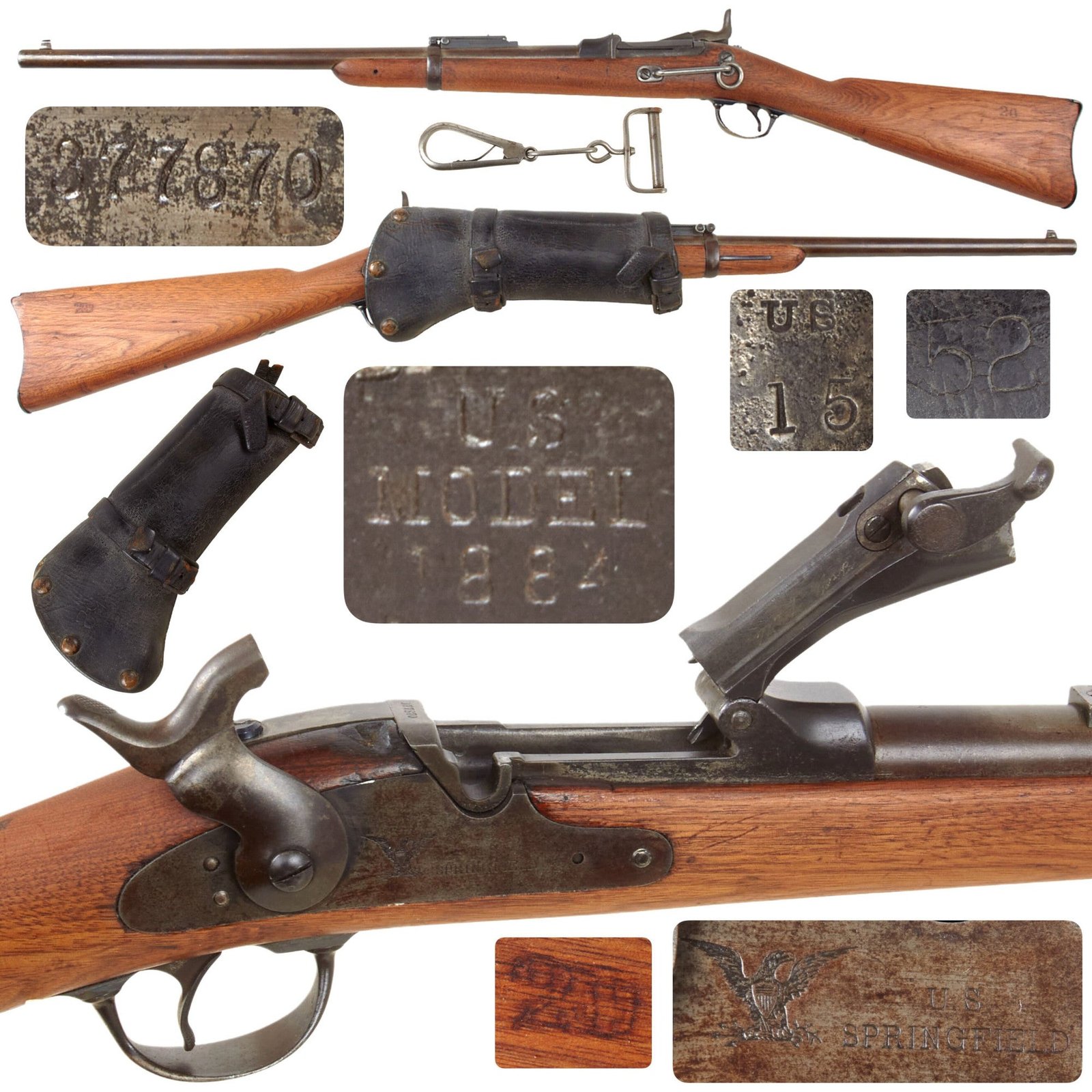Original U.S. Springfield Trapdoor M1884 Saddle Ring Carbine Made in 1887 with Leather Boot Scabbard, Swivel Hook, and Cleaning Rod - Serial 377870