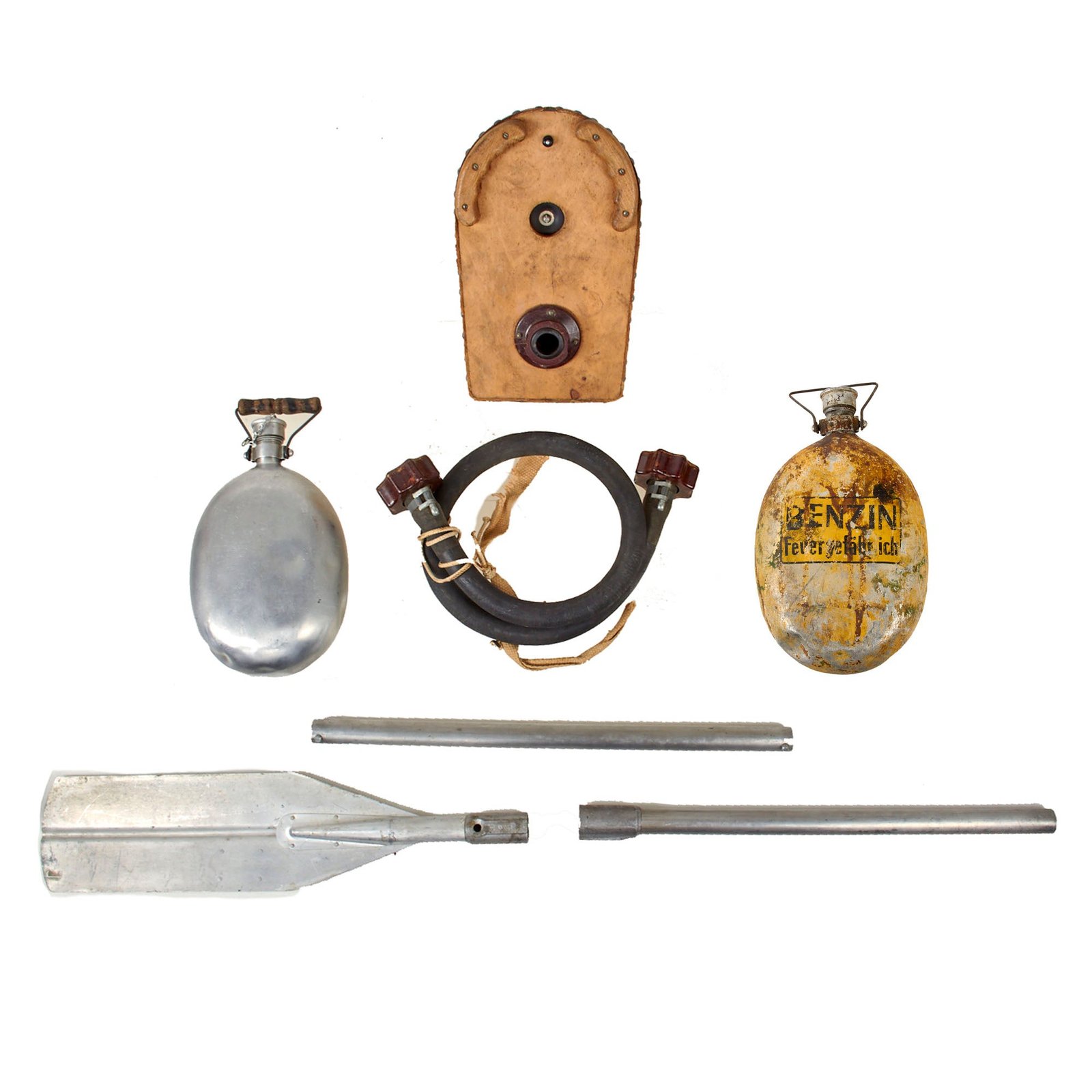 Original German WWII Luftwaffe Survival Dinghy Paddle Oar & Foot Air Pump with Bakelite-Capped Rubber Tube for Raft - Emergency Petrol & Water Canteens