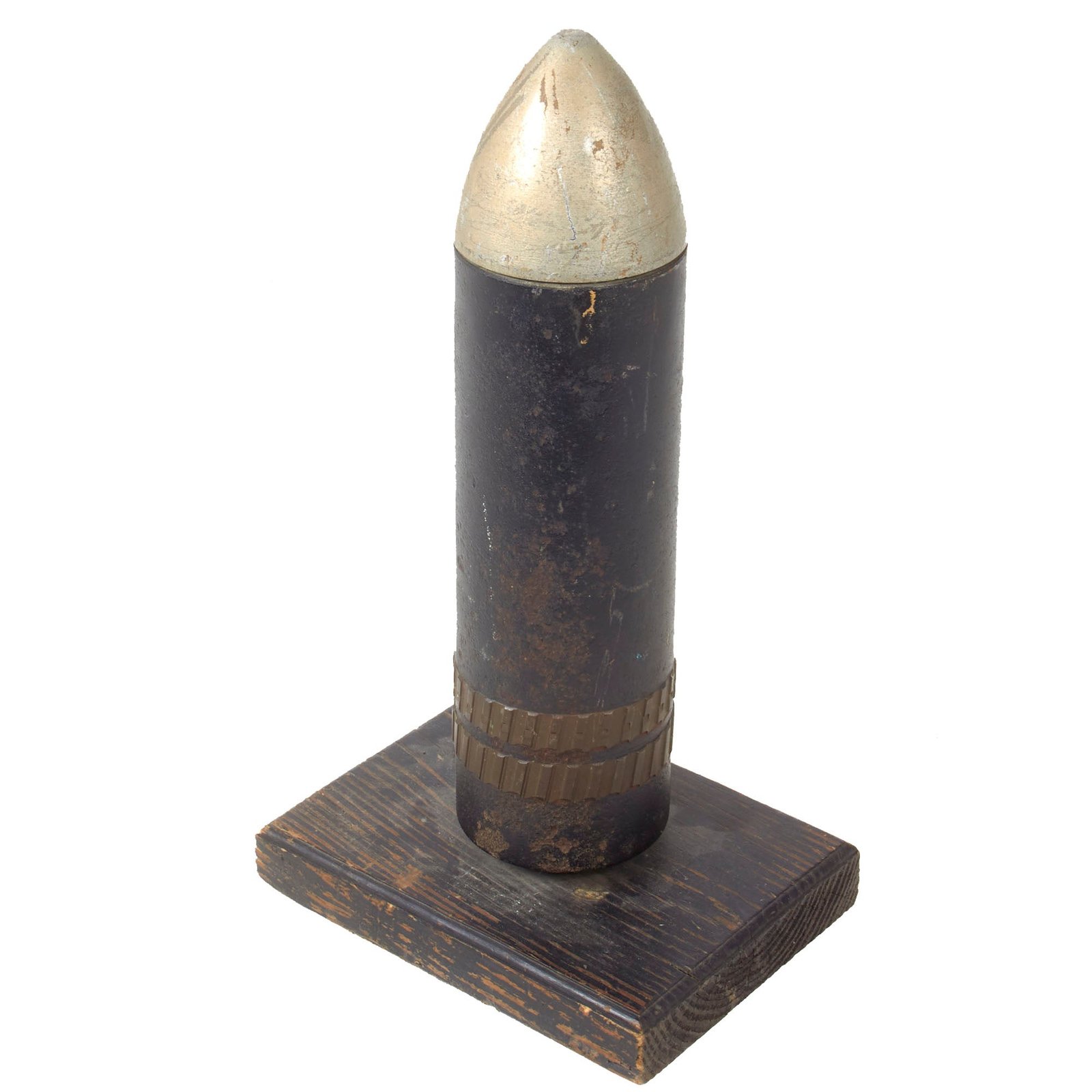 Original German WWII Inert Altered Artillery Round with Driving Bands on Wooden Display Base