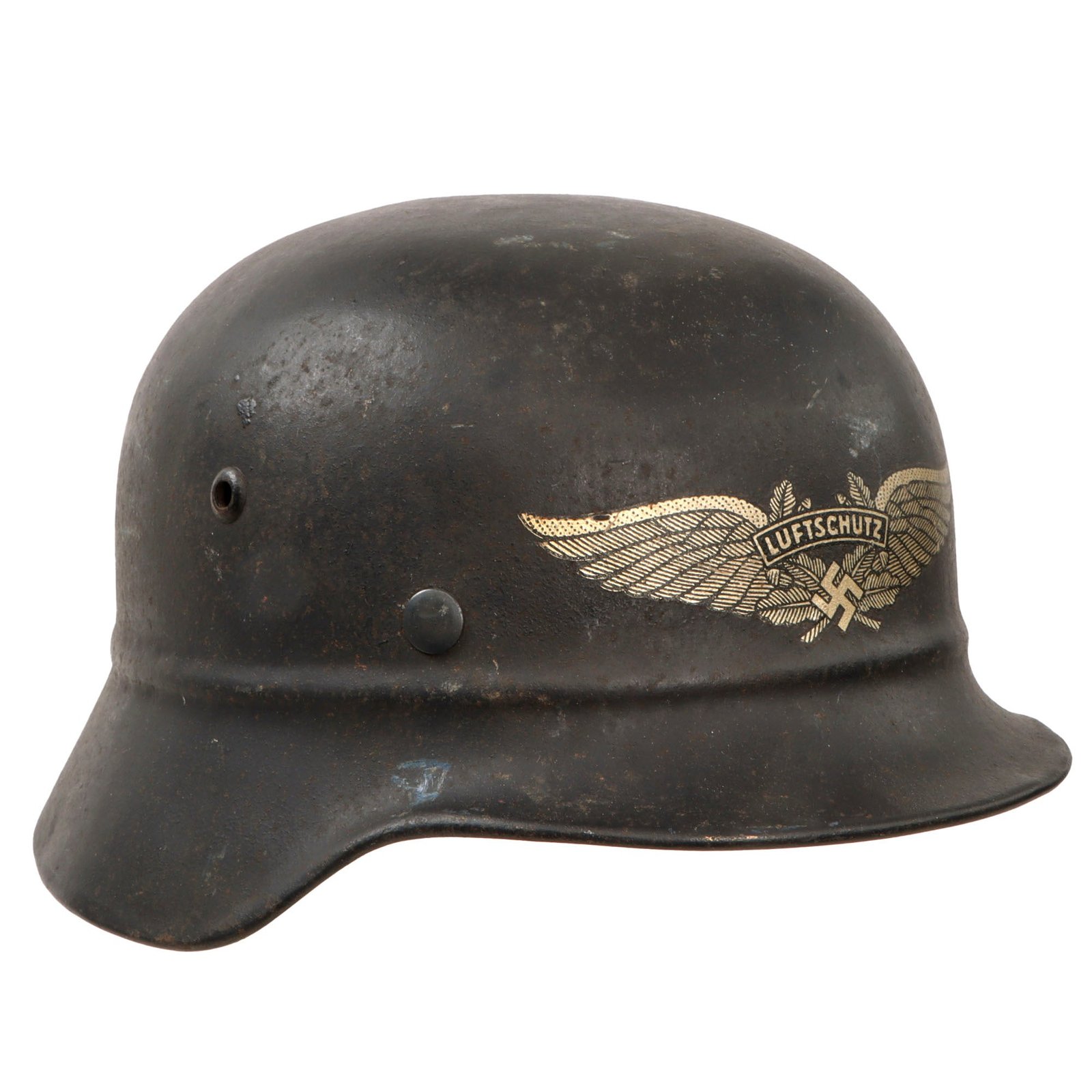 Original German WWII Luftschutz Civil Air Defense Beaded M35 Helmet with Plastic Chinstrap and Liner - Stamped EF66