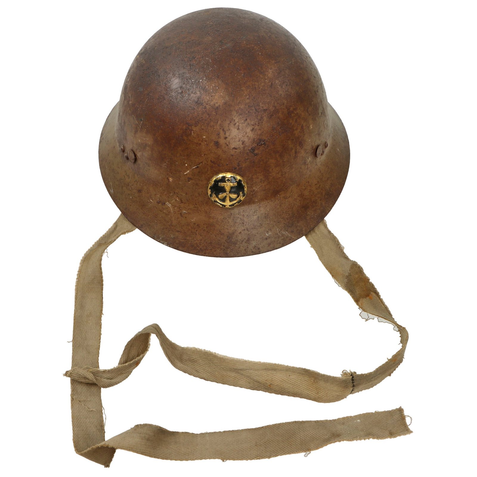 Original Imperial Japanese Army WWII Type 90 Civil Defense Helmet With Naval Shipbuilding Worker Badge - Complete