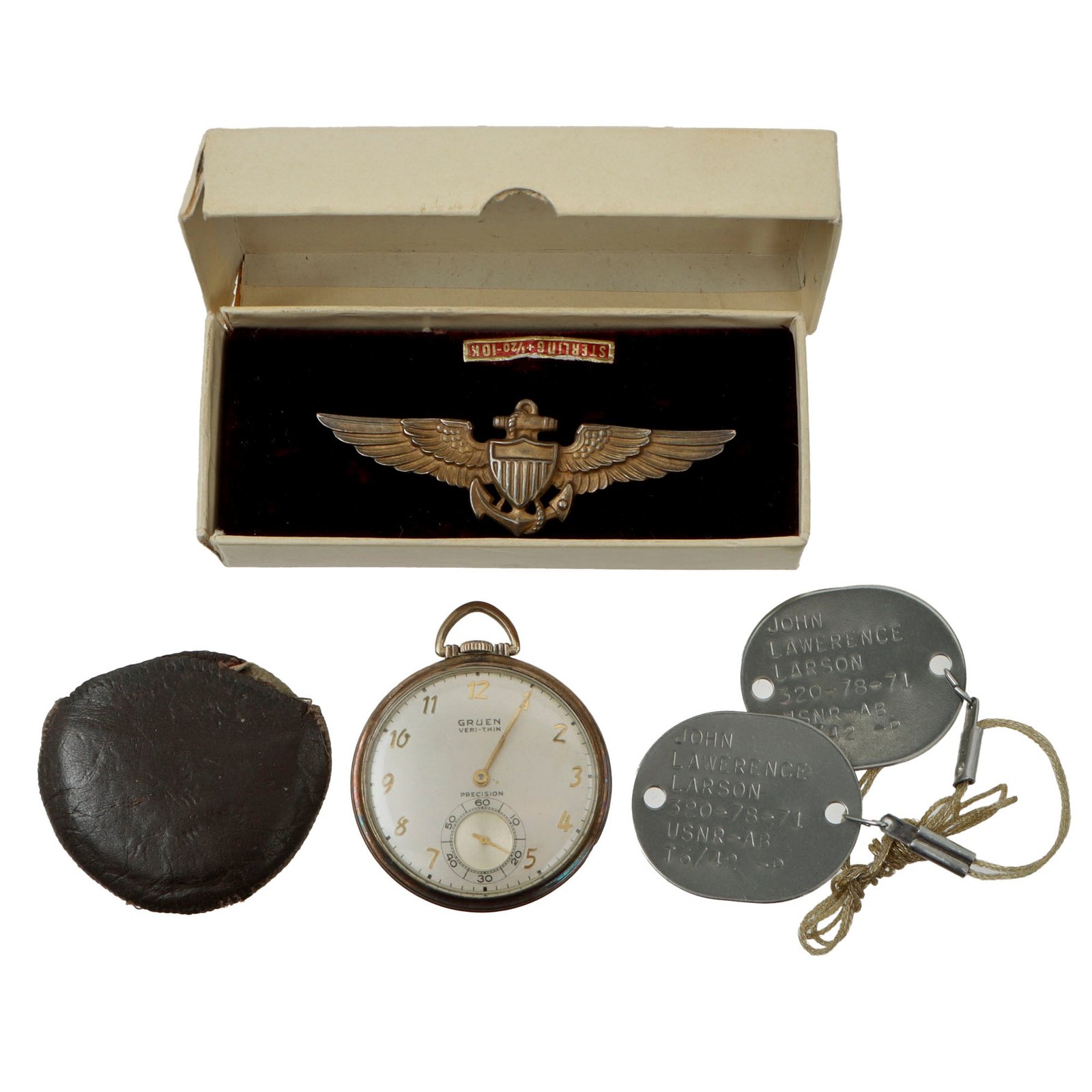 Original U.S. WWII Navy Dog Tag, Engraved Pocket Watch, and Boxed USN Pilot Wings of Chief Boatswain’s Mate John Lawrence Larson
