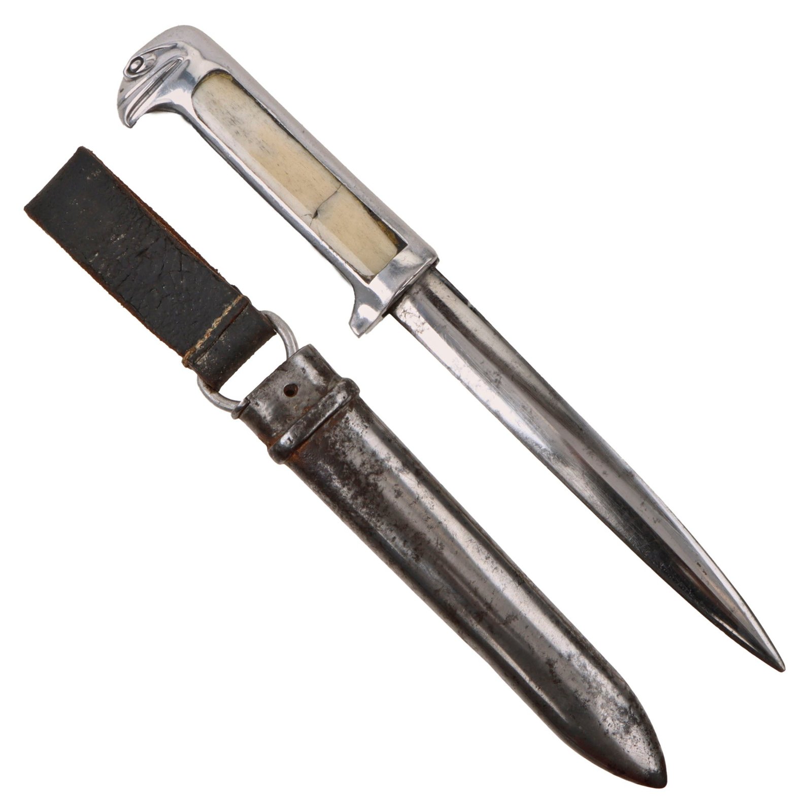 Original Italian WWII M.V.S.N. Fascist Militia Blackshirts Nickel-Plated Dagger Turned Fighting Knife with Scabbard